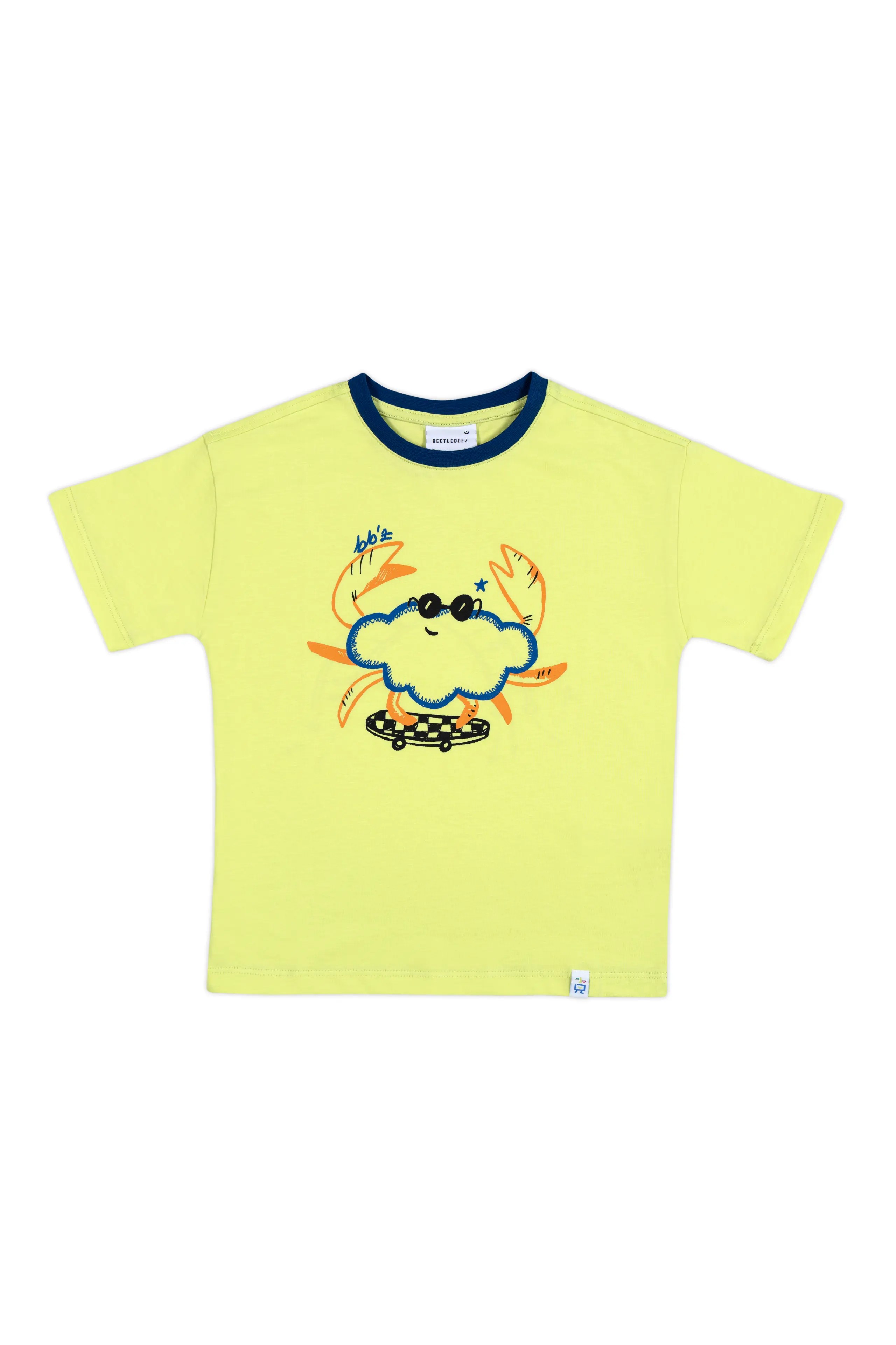 BEETLEBEEZ Cool Funny Crab Oversize T-Shirt - Lime (Mavi Ribanalı)