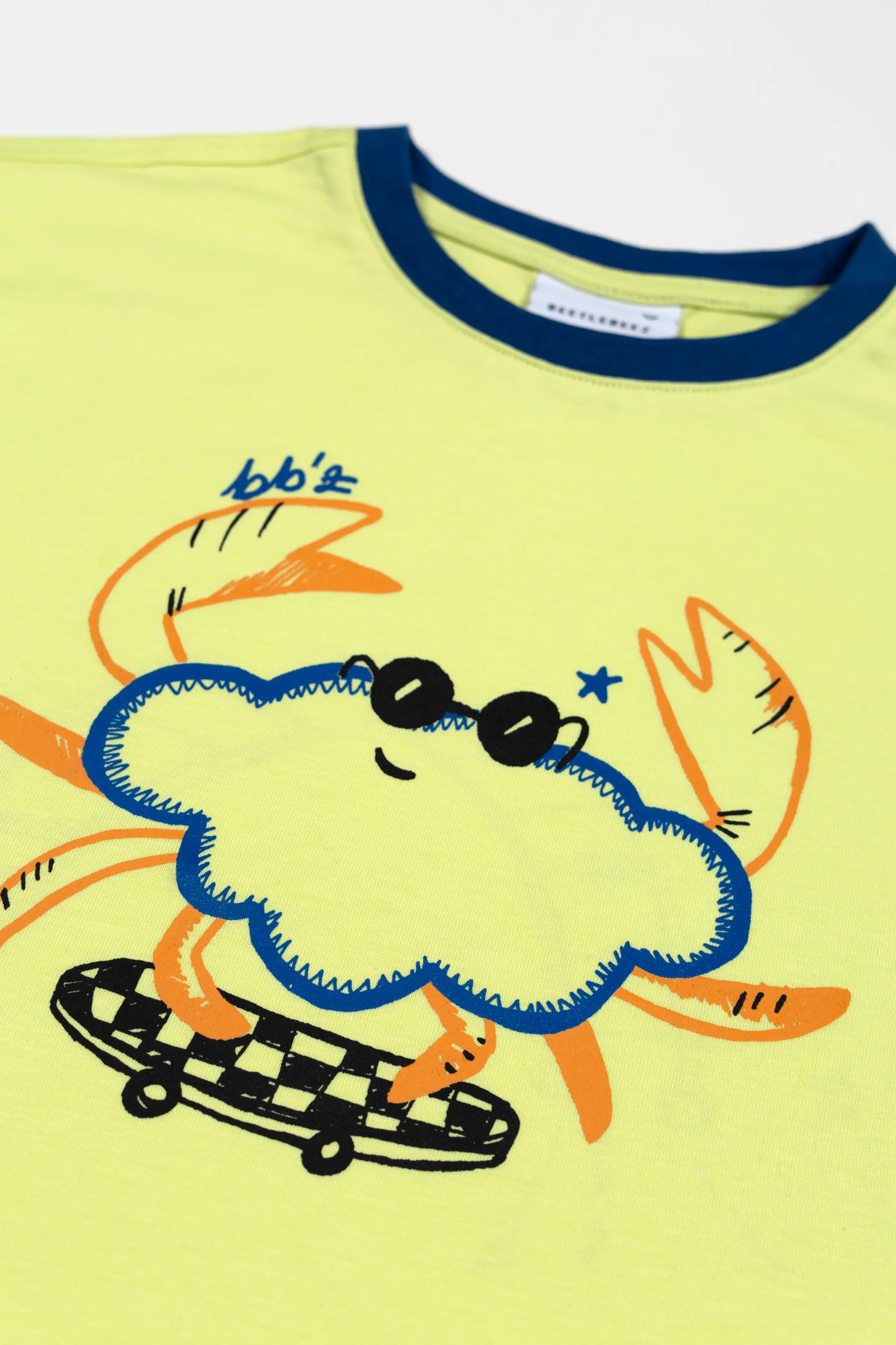 BEETLEBEEZ Cool Funny Crab Oversize T-Shirt - Lime (Mavi Ribanalı)