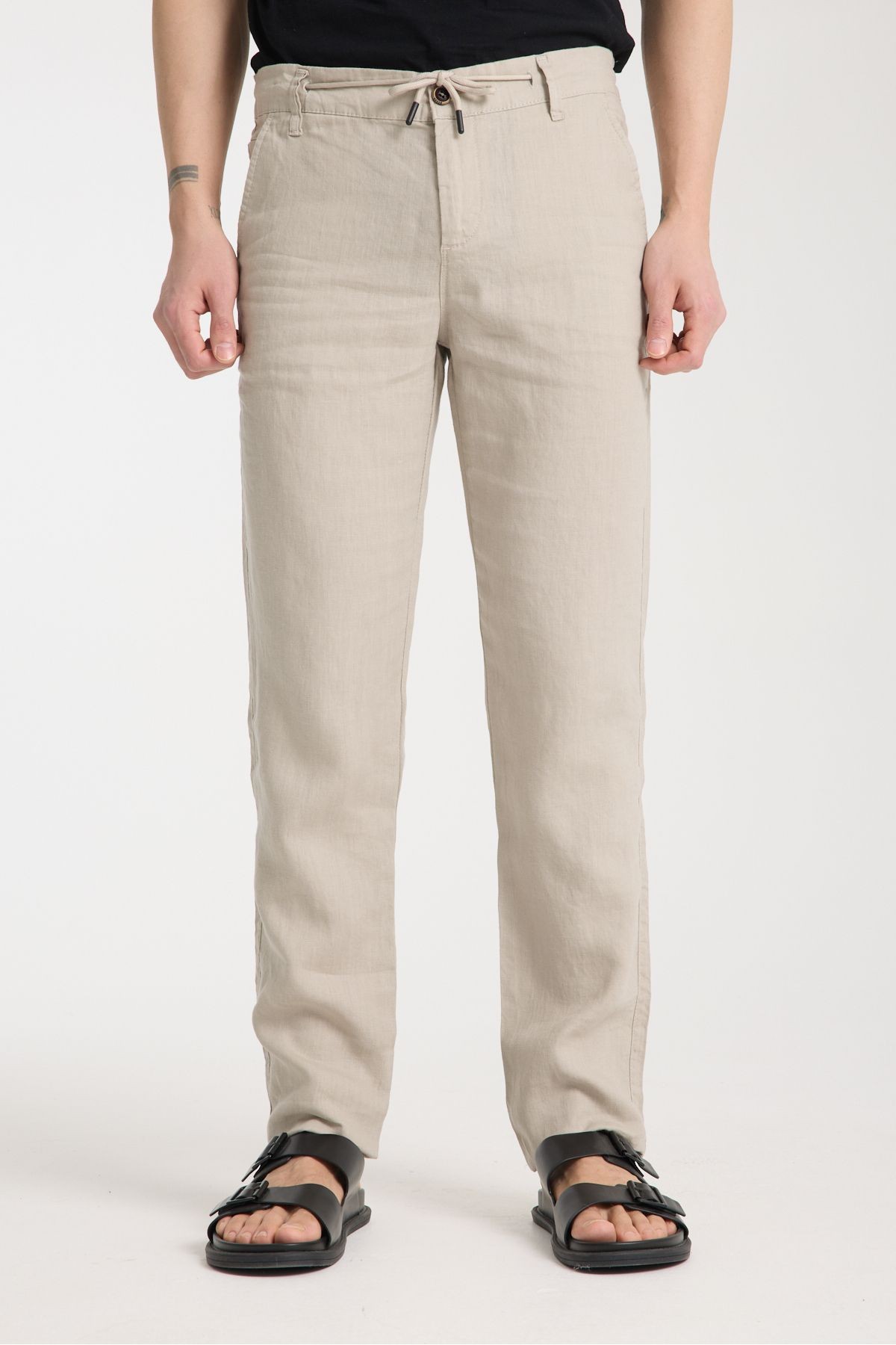Beli Lastikli %100 Keten Pantolon - krem