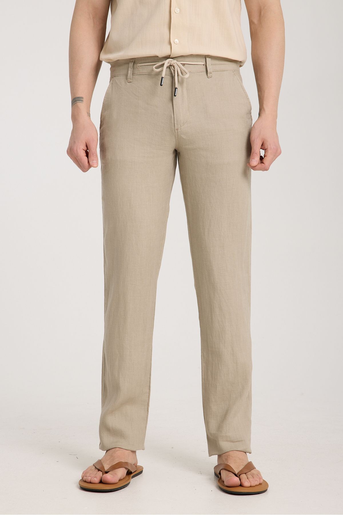 Beli Lastikli %100 Keten Pantolon - bej