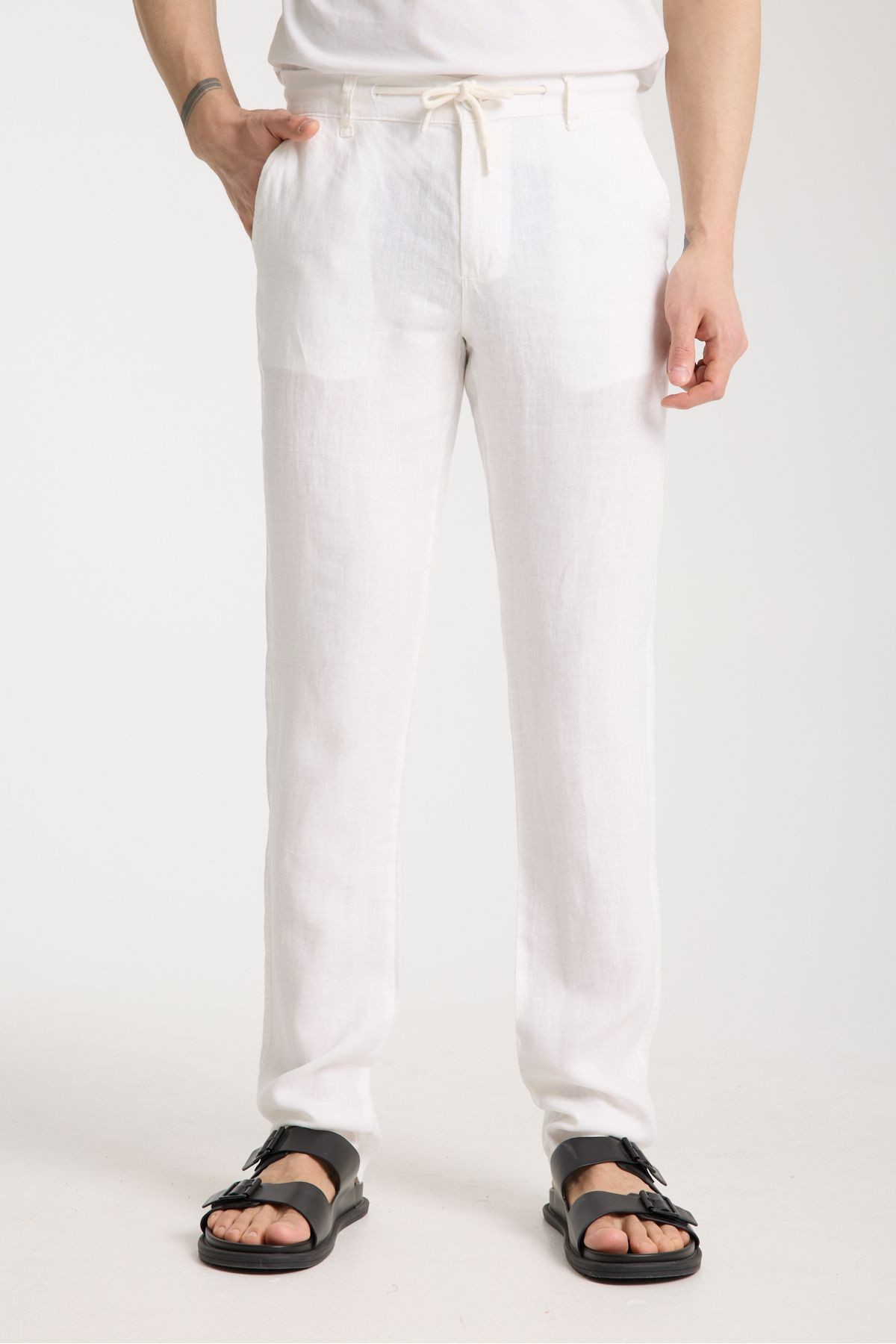 Beli Lastikli %100 Keten Pantolon - kırık beyaz
