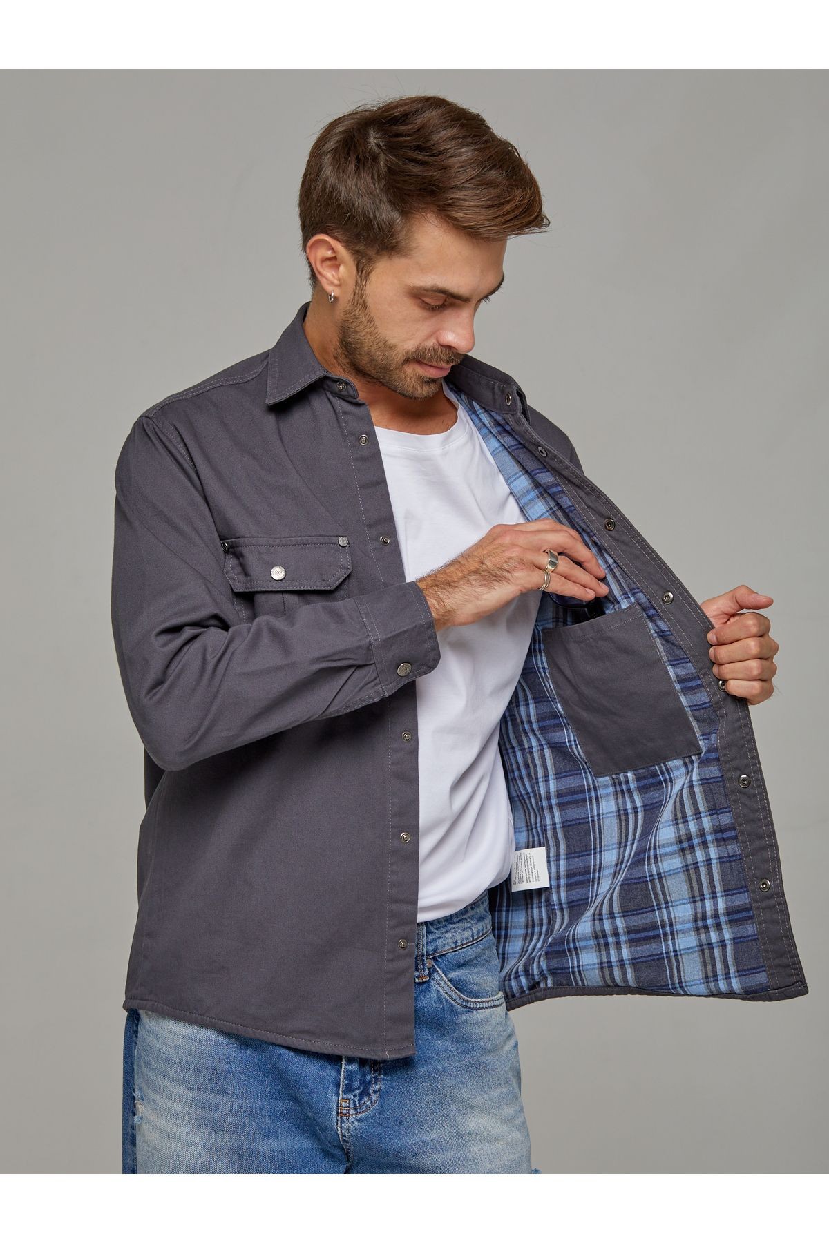 Gabardin Pamuklu Gömlek Ceket - gri