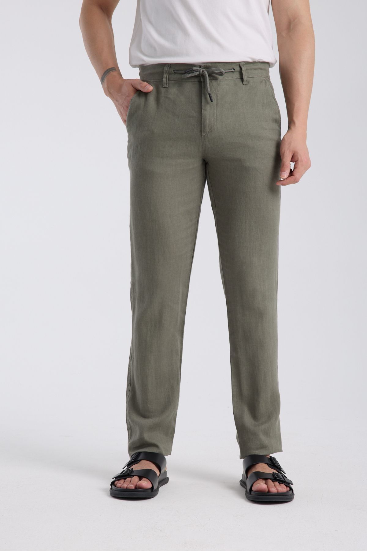 Beli Lastikli %100 Keten Pantolon - haki