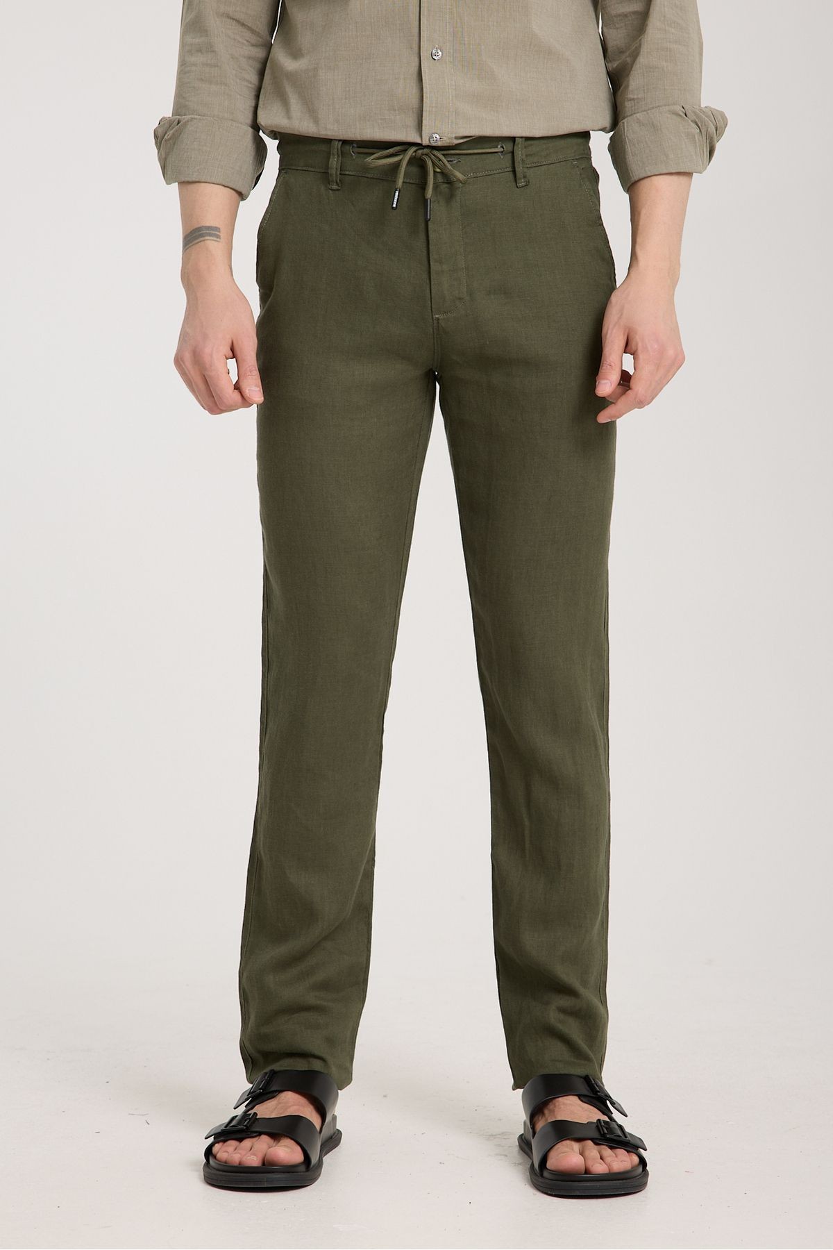 Beli Lastikli %100 Keten Pantolon - yeşi̇l
