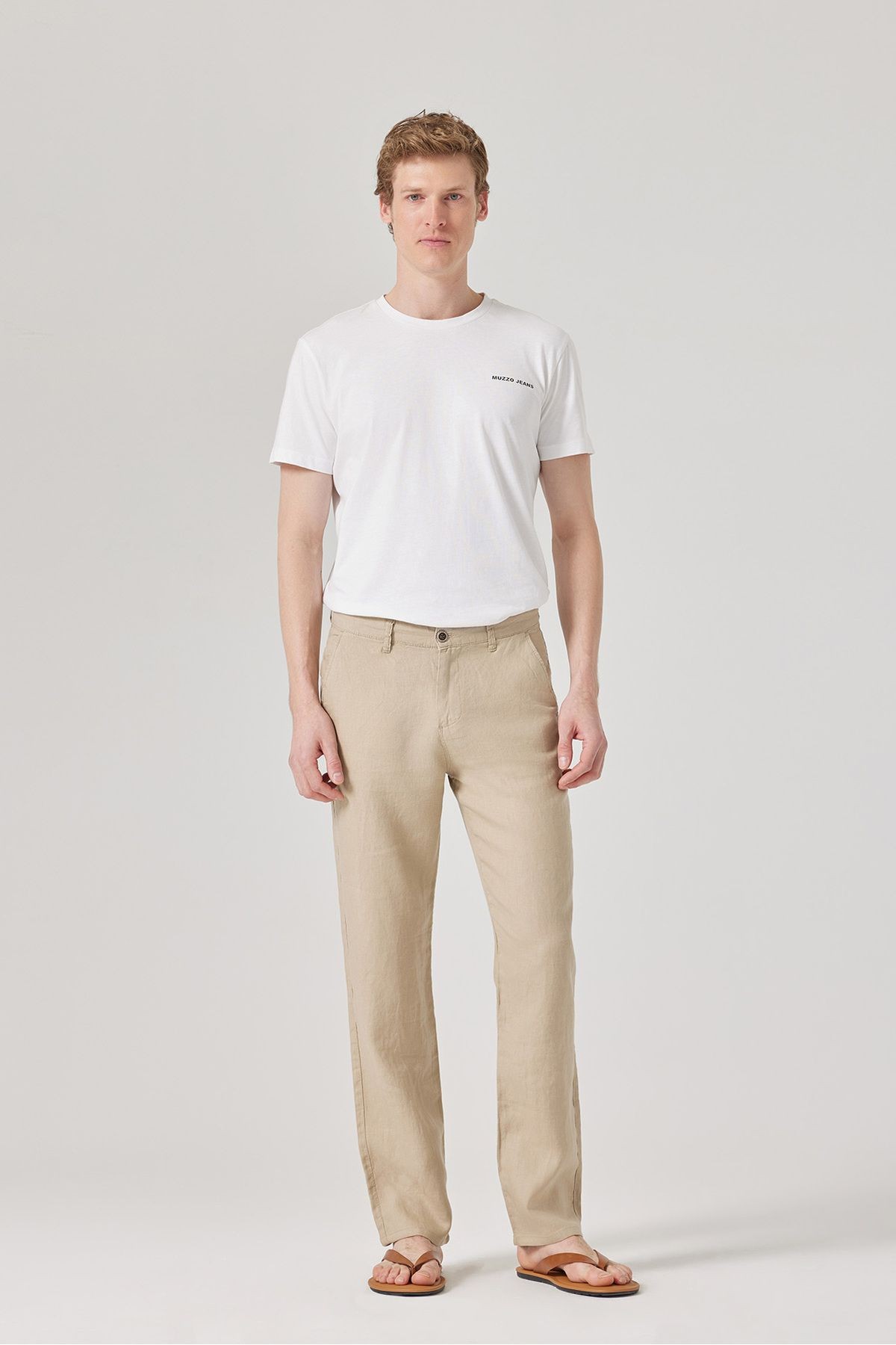 Regular Fit %100 Keten Pantolon - bej