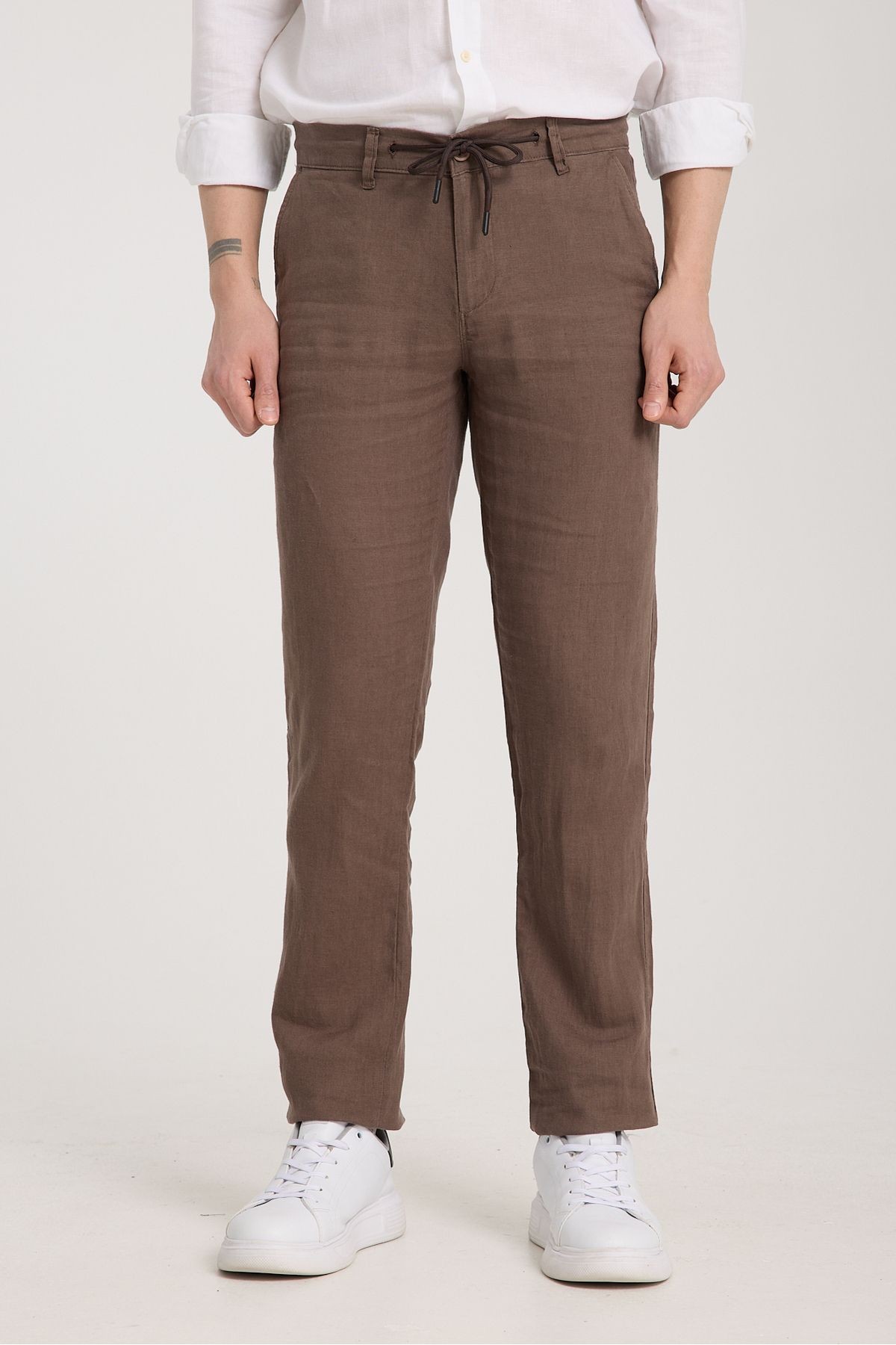 Beli Lastikli %100 Keten Pantolon - kahverengi
