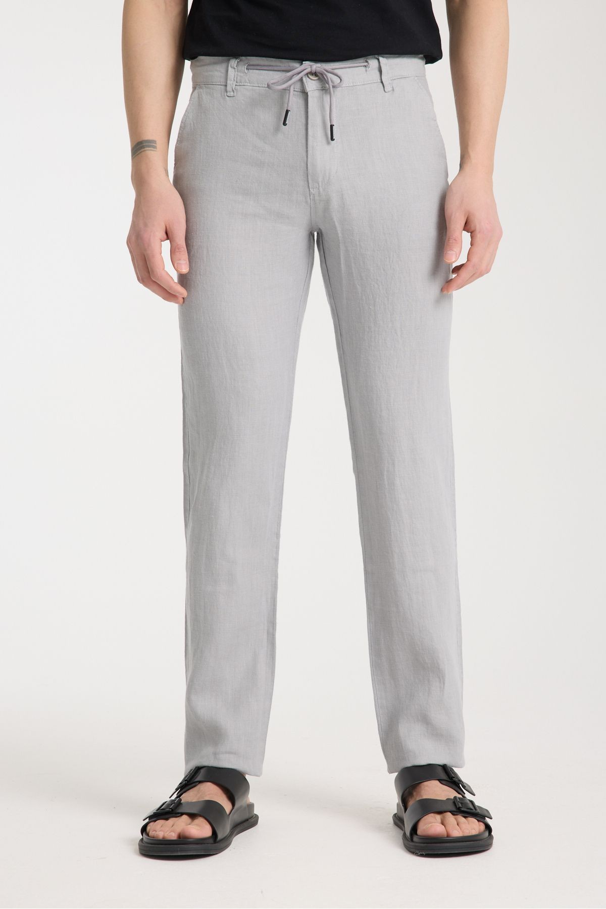 Beli Lastikli %100 Keten Pantolon - gri