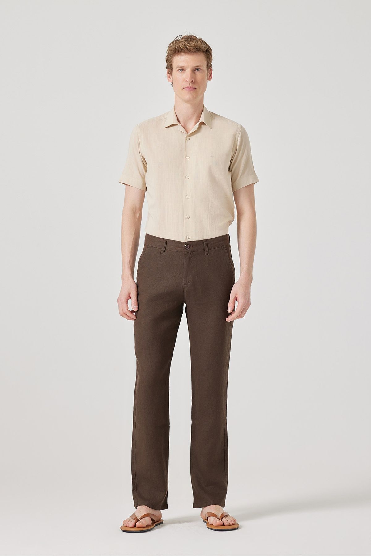 Regular Fit %100 Keten Pantolon - koyu kahverengi