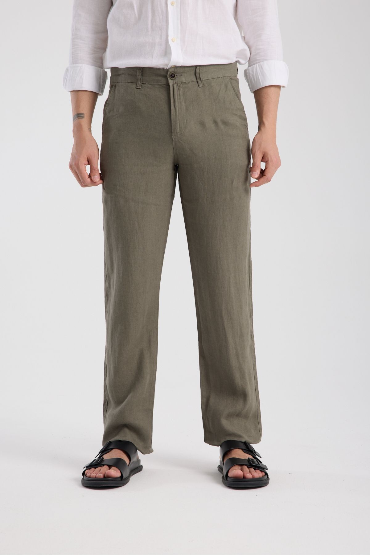 Regular Fit %100 Keten Pantolon - haki