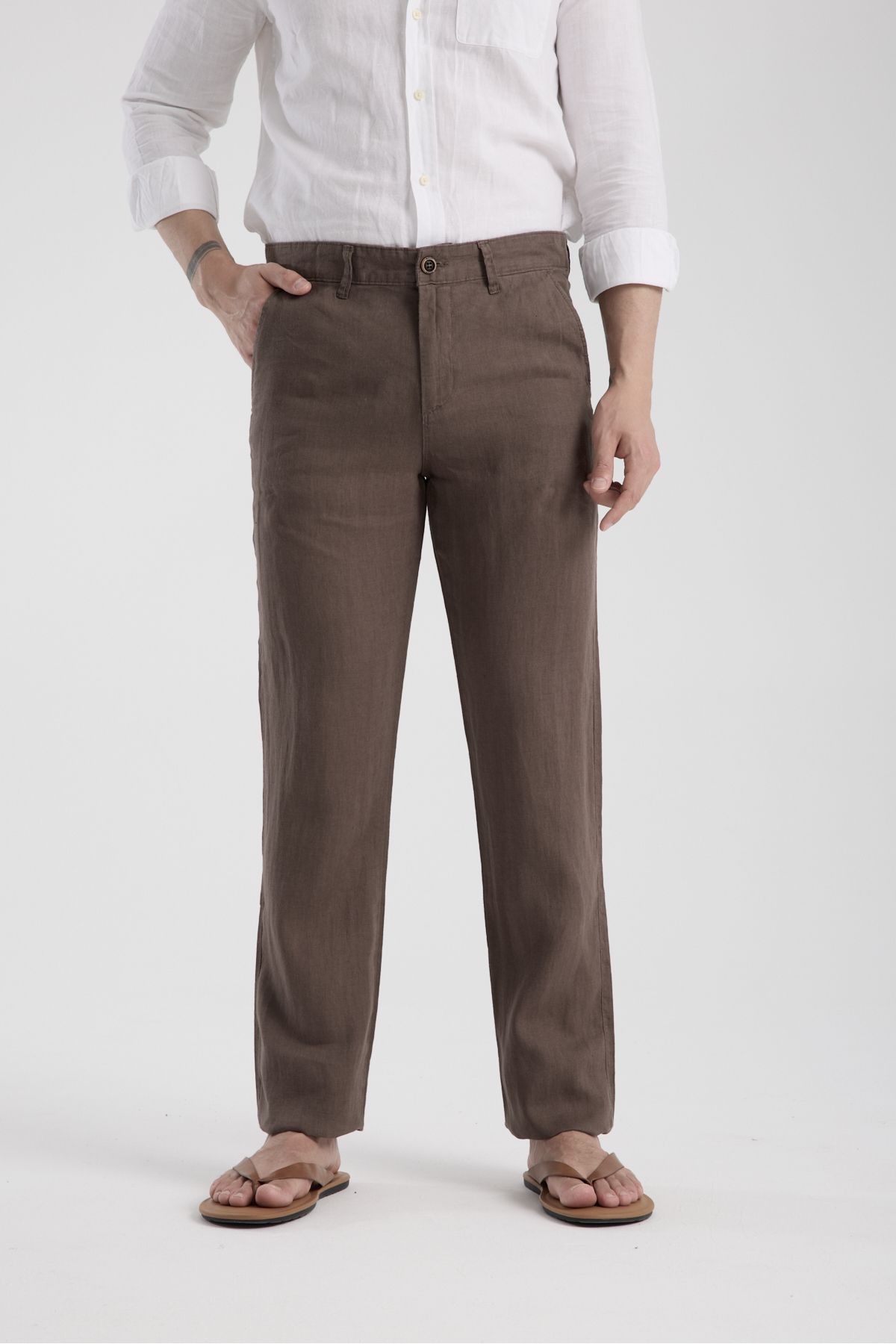 Regular Fit %100 Keten Pantolon - kahverengi
