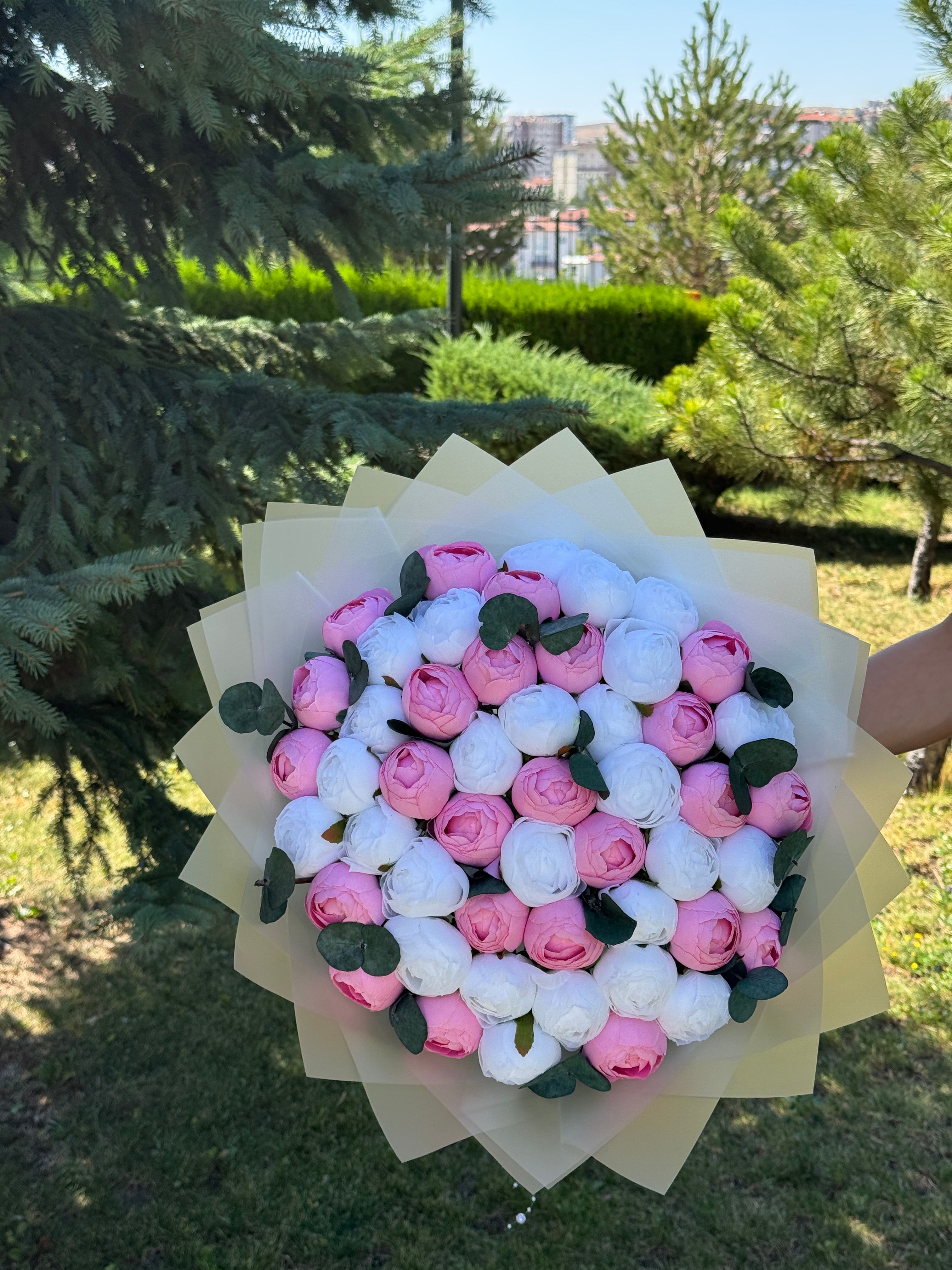 Pembe, Beyaz Renkler ile İsteme Buketi Kız İsteme, Nişan, Söz Kına Hazırlıkları Yapay Çiçek  