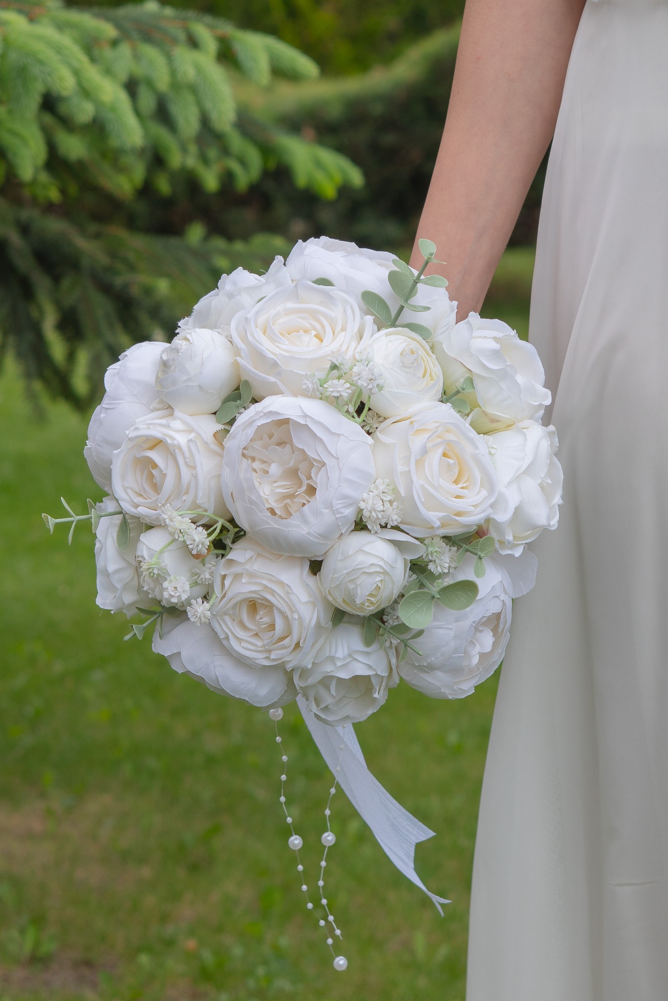  Gelin Buketi Gelin Çiçeği Nikah Çiçeği Kırık Beyaz Yapay Şakayık Gül Okaliptus Yaka Çiçeği Hediye