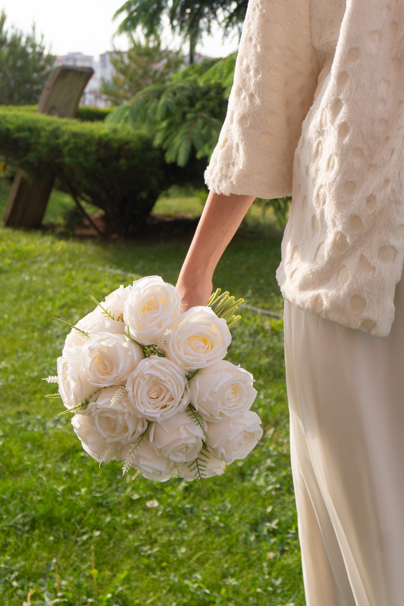 Gelin Buketi Nişan Nikah El Çiçeği Krem Renk Yapay Gül Buketi