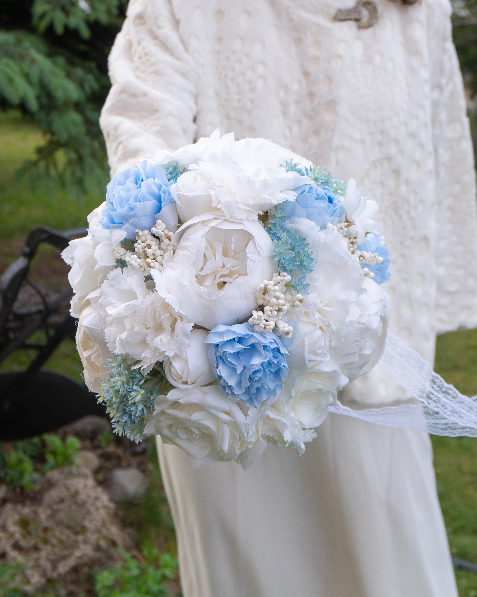 Gelin Buketi Nişan Nikah El Çiçeği - Mavi Beyaz Sade Yapay Çiçekler ile Hazırlandı