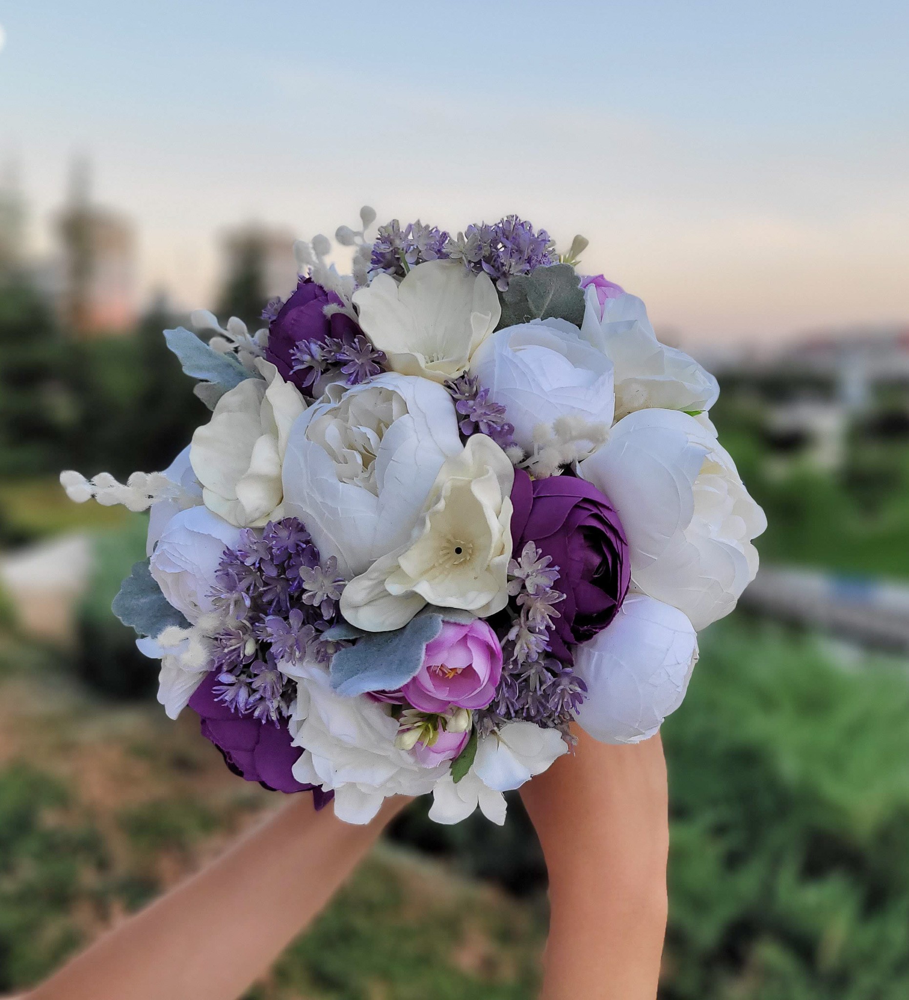 Gelin Buketi Nişan Çiçeği Nikah El Çiçeği, Mor Lila Beyaz Yapay Çiçek, Damat Yaka Çiçeği