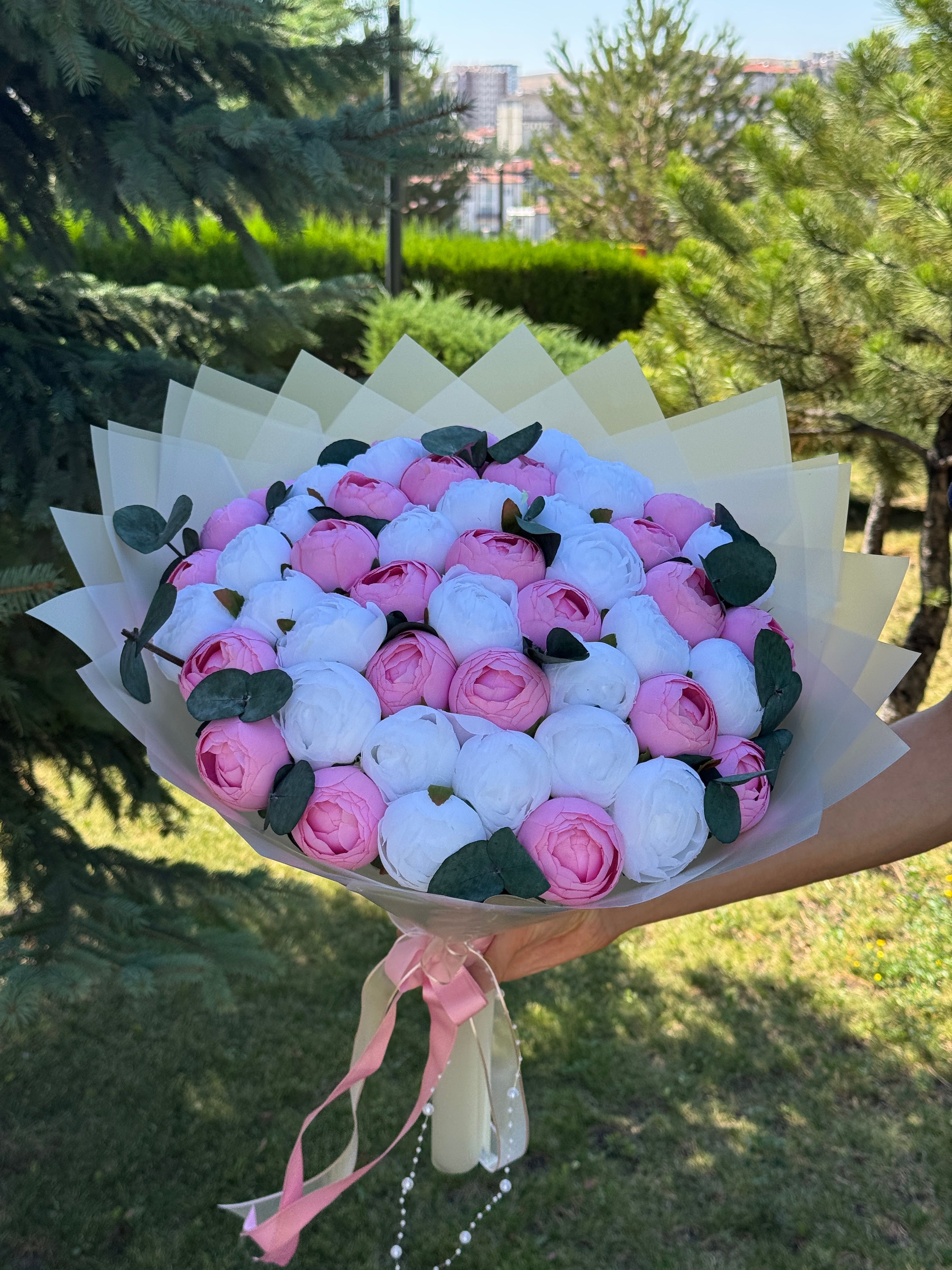 Pembe, Beyaz Renkler ile İsteme Buketi Kız İsteme, Nişan, Söz Kına Hazırlıkları Yapay Çiçek  