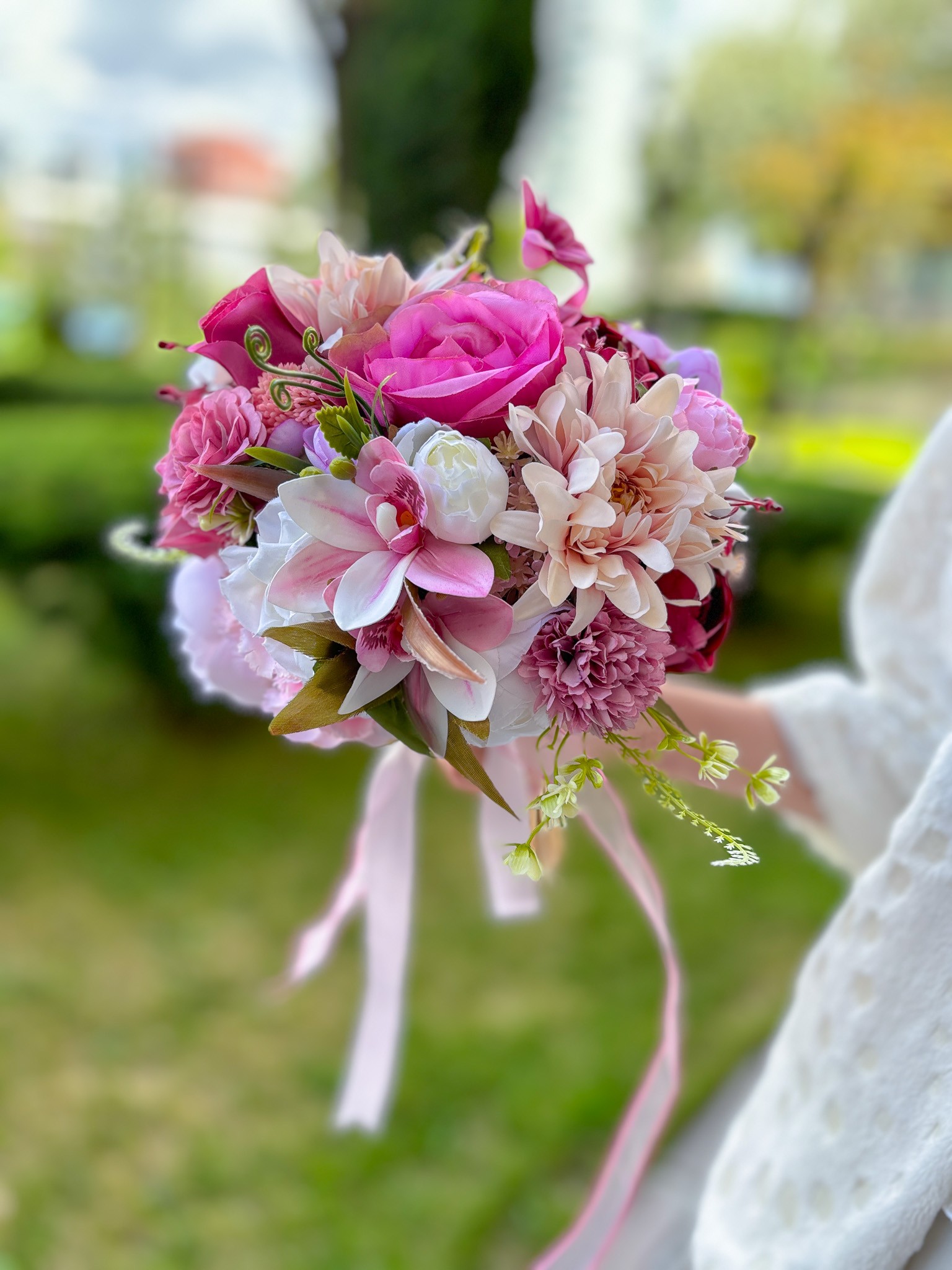 Gelin Buketi Nişan Çiçeği Mor Pembe Beyaz Renk Orkideli Nikah El Çiçeği, Solmayan Yapay Çiçek