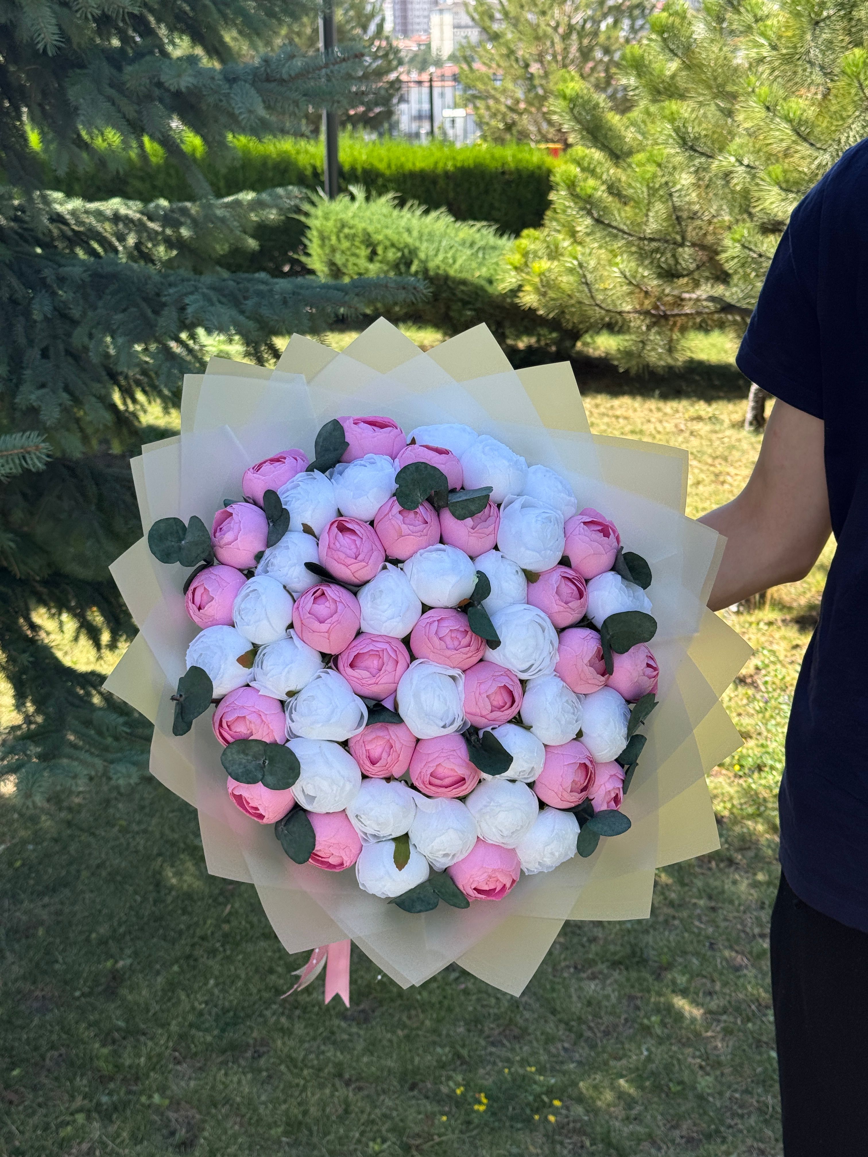Pembe, Beyaz Renkler ile İsteme Buketi Kız İsteme, Nişan, Söz Kına Hazırlıkları Yapay Çiçek  