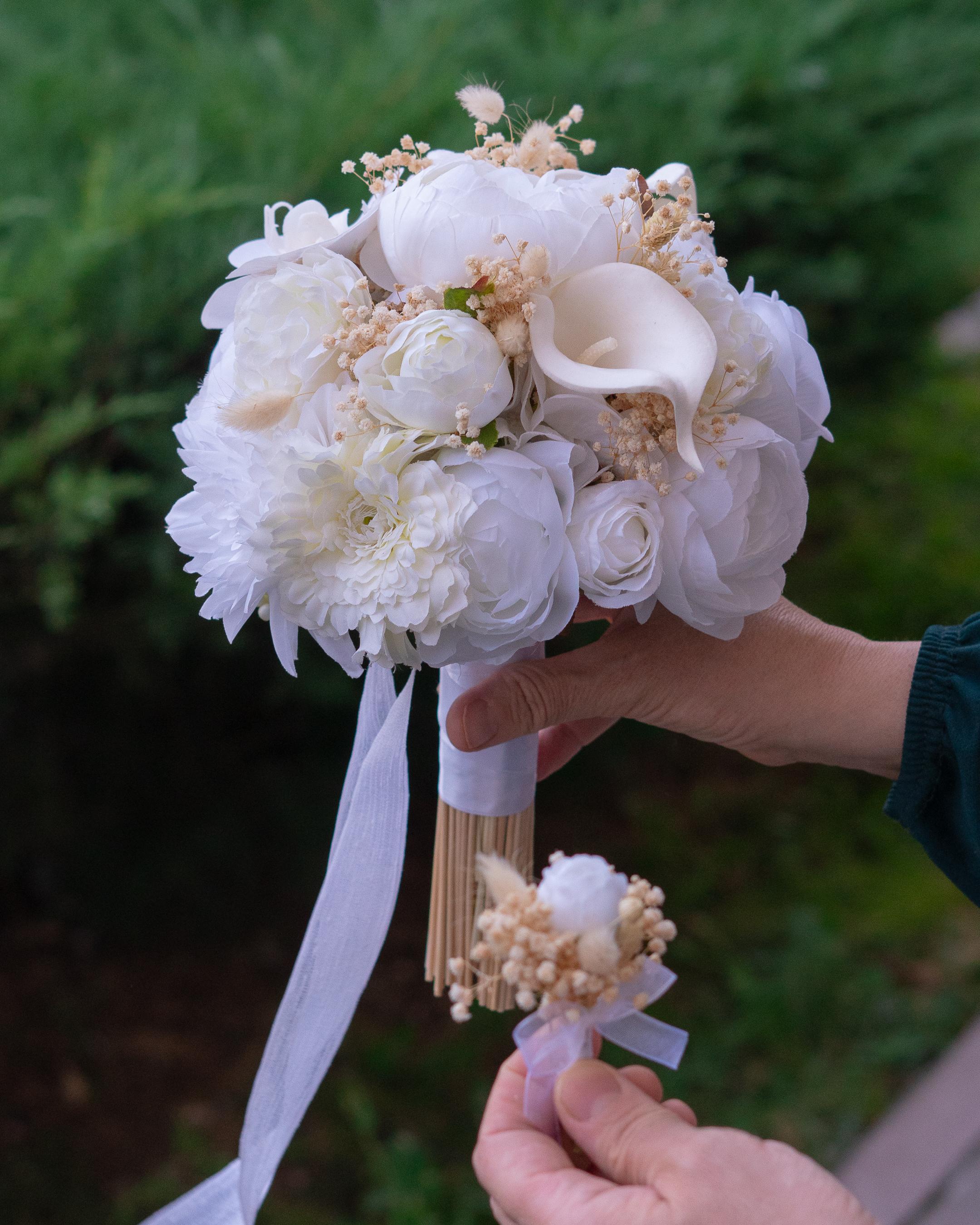 Yıldız Gelin Buketi Beyaz Renk Nişan Çiçeği Nikah El Çiçeği, Solmayan Yapay Çiçek