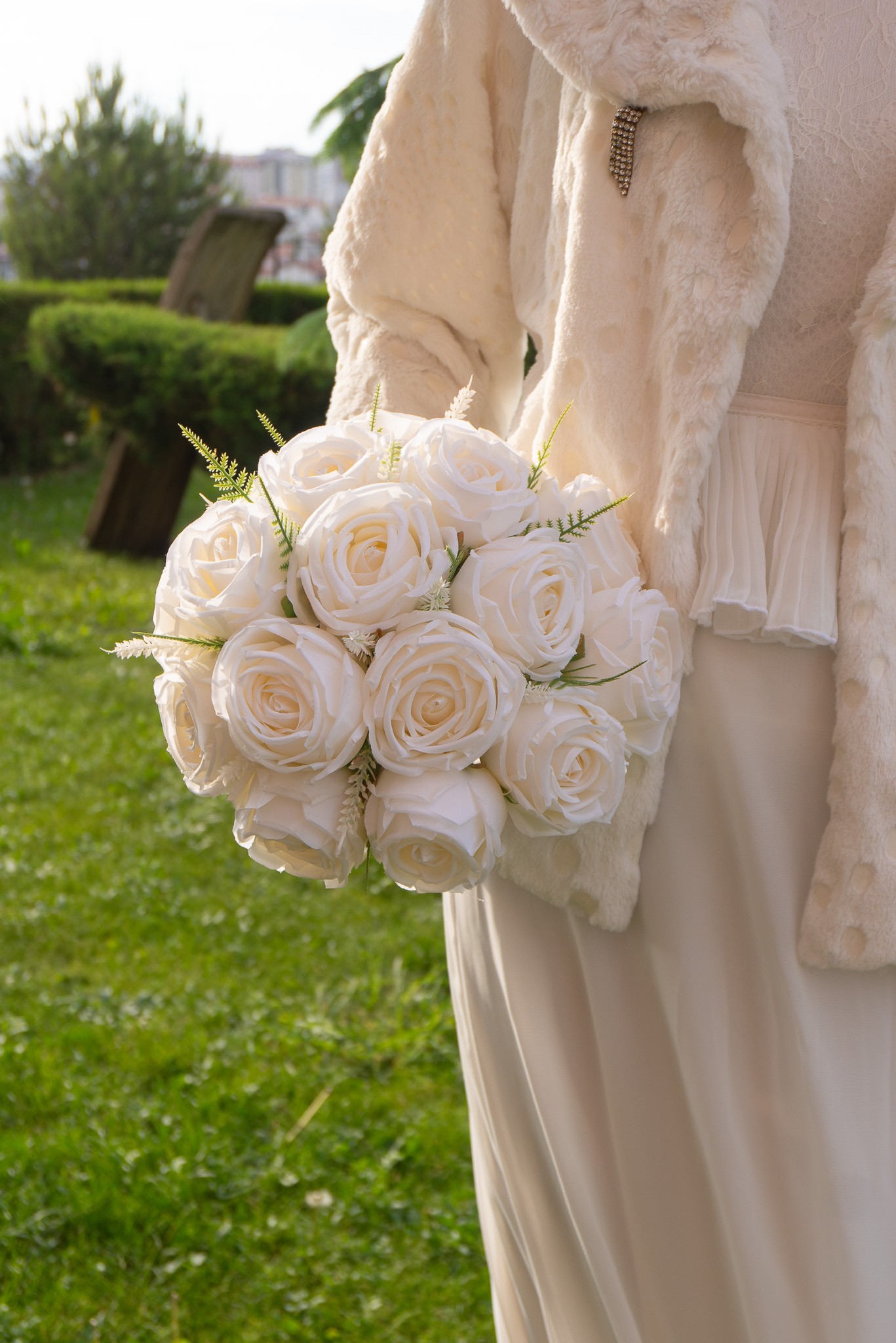 Gelin Buketi Nişan Nikah El Çiçeği Krem Renk Yapay Gül Buketi