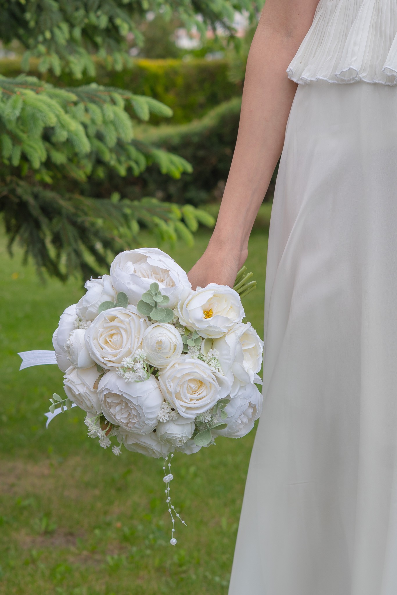  Gelin Buketi Gelin Çiçeği Nikah Çiçeği Kırık Beyaz Yapay Şakayık Gül Okaliptus Yaka Çiçeği Hediye