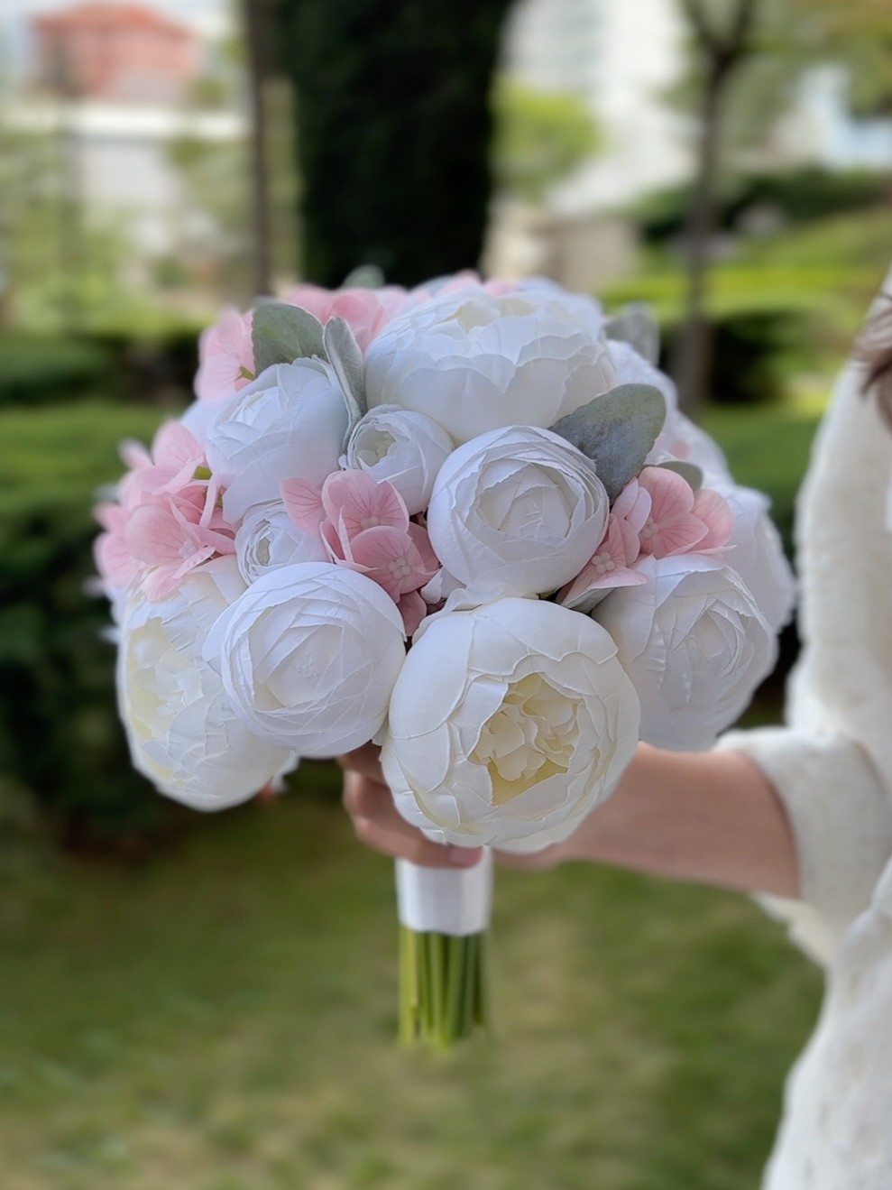 Gelin Buketi Nişan Çiçeği Nikah El Çiçeği, Pembe Beyaz Şakayık Solmayan Yapay Çiçek 