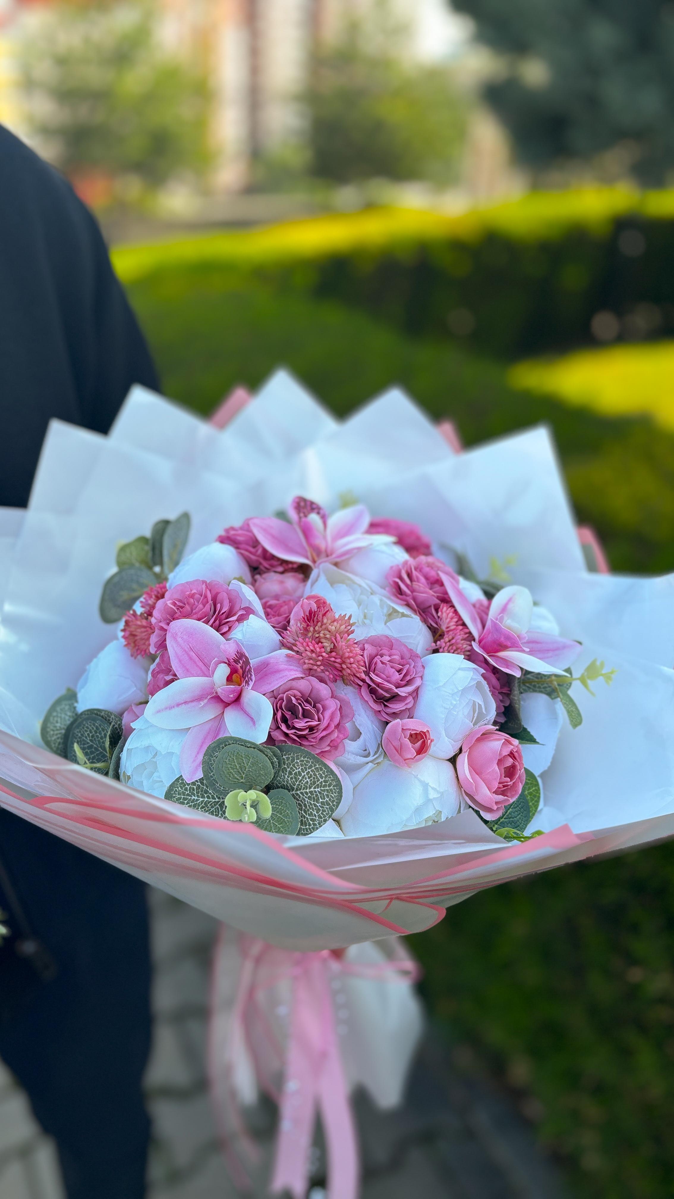 Kız İsteme El Buketi Solmayan Söz Çiçeği ve Nişan Çikolatası Nikah Şekeri - Orkideli Pembe Lila Mor Renk Set