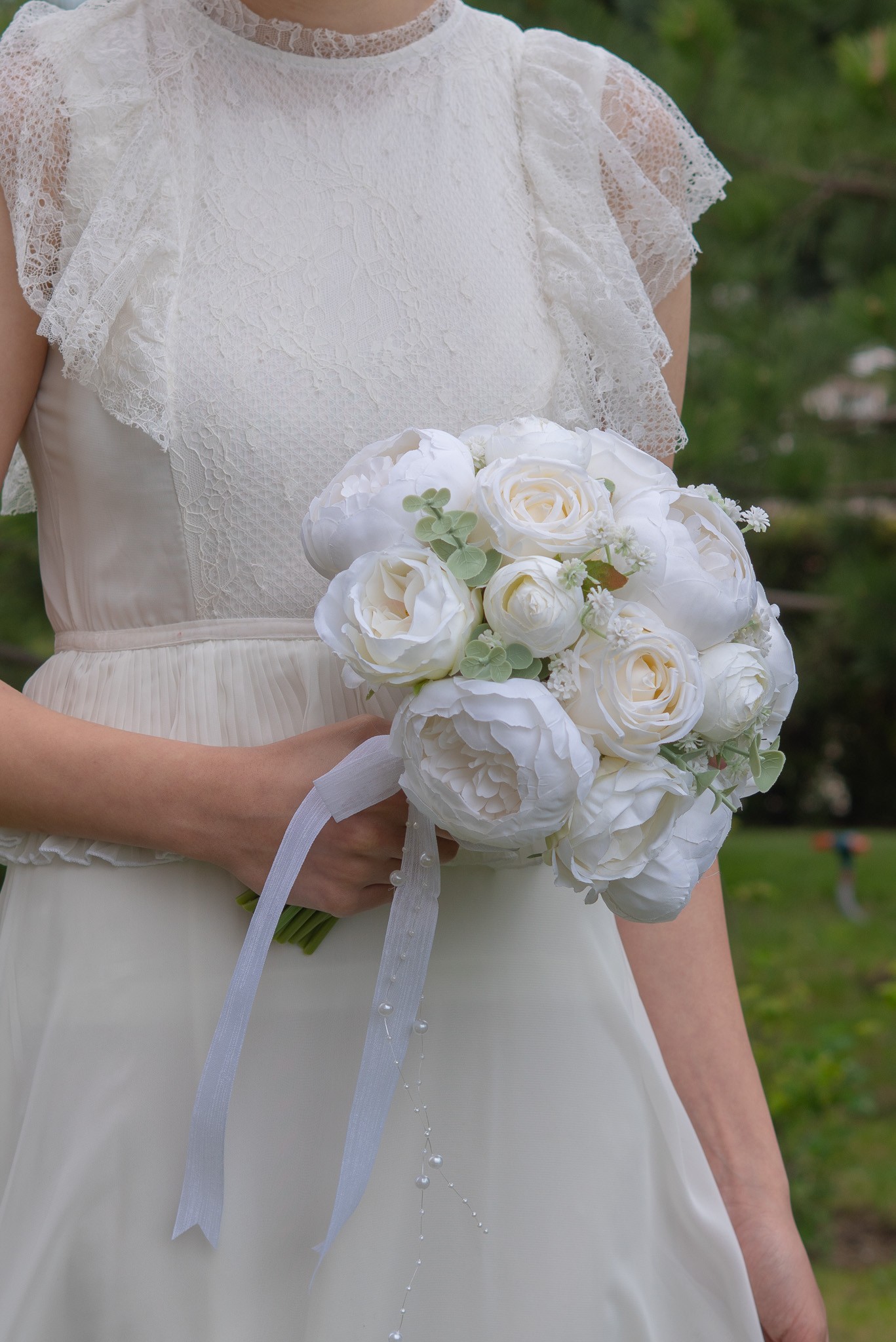 Gelin Buketi Gelin Çiçeği Nikah Çiçeği Kırık Beyaz Yapay Şakayık Gül Okaliptus Yaka Çiçeği Hediye