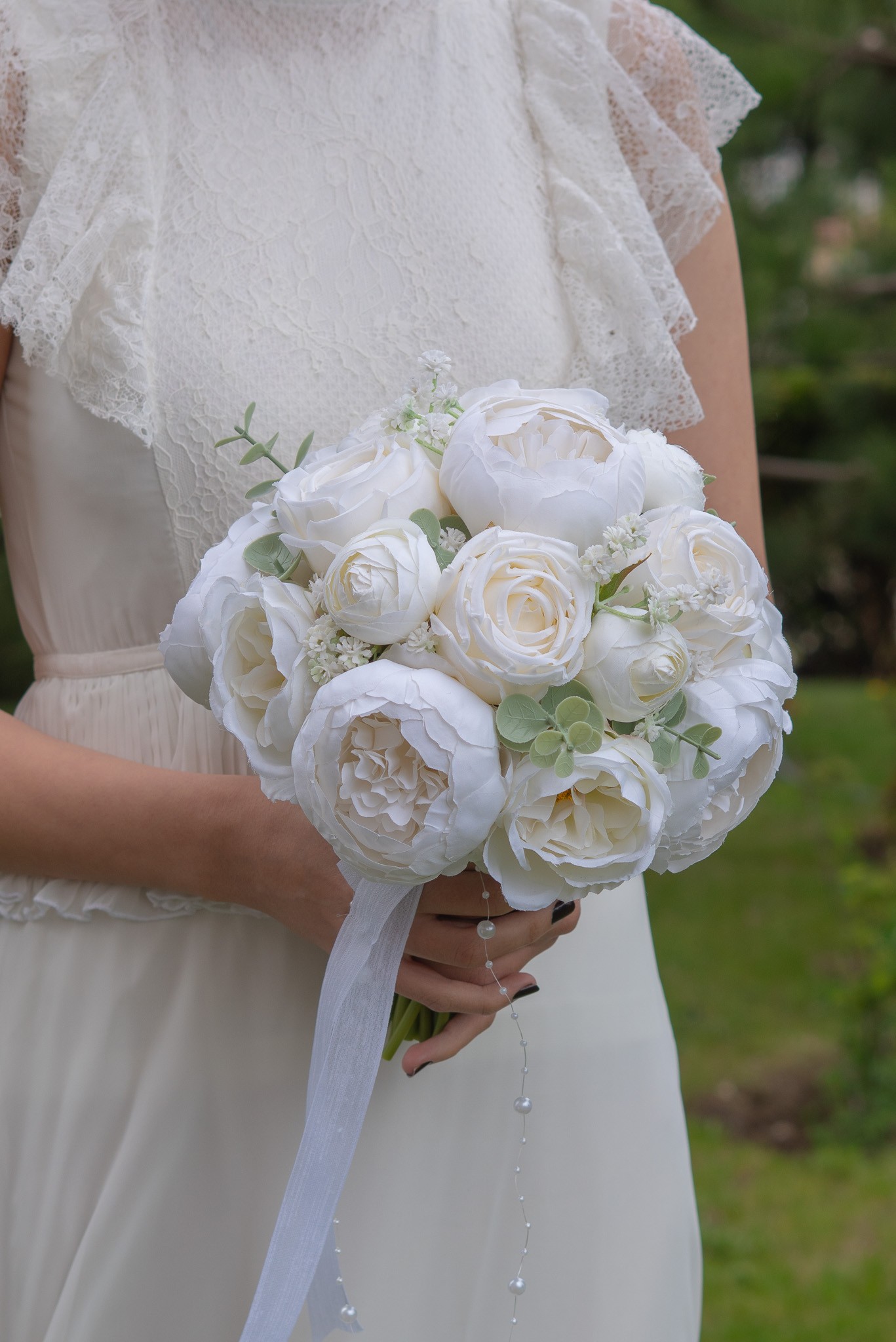  Gelin Buketi Gelin Çiçeği Nikah Çiçeği Kırık Beyaz Yapay Şakayık Gül Okaliptus Yaka Çiçeği Hediye