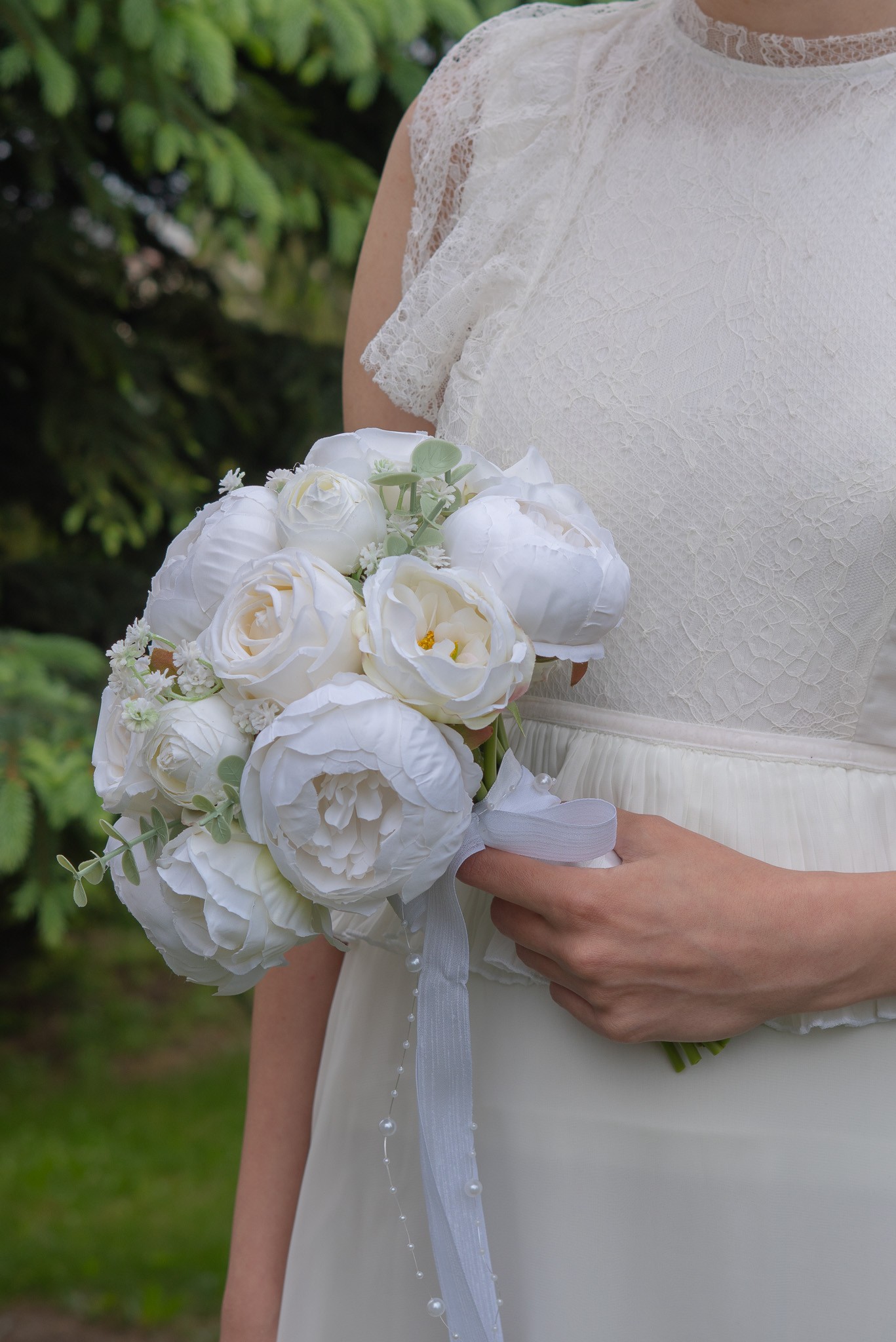  Gelin Buketi Gelin Çiçeği Nikah Çiçeği Kırık Beyaz Yapay Şakayık Gül Okaliptus Yaka Çiçeği Hediye