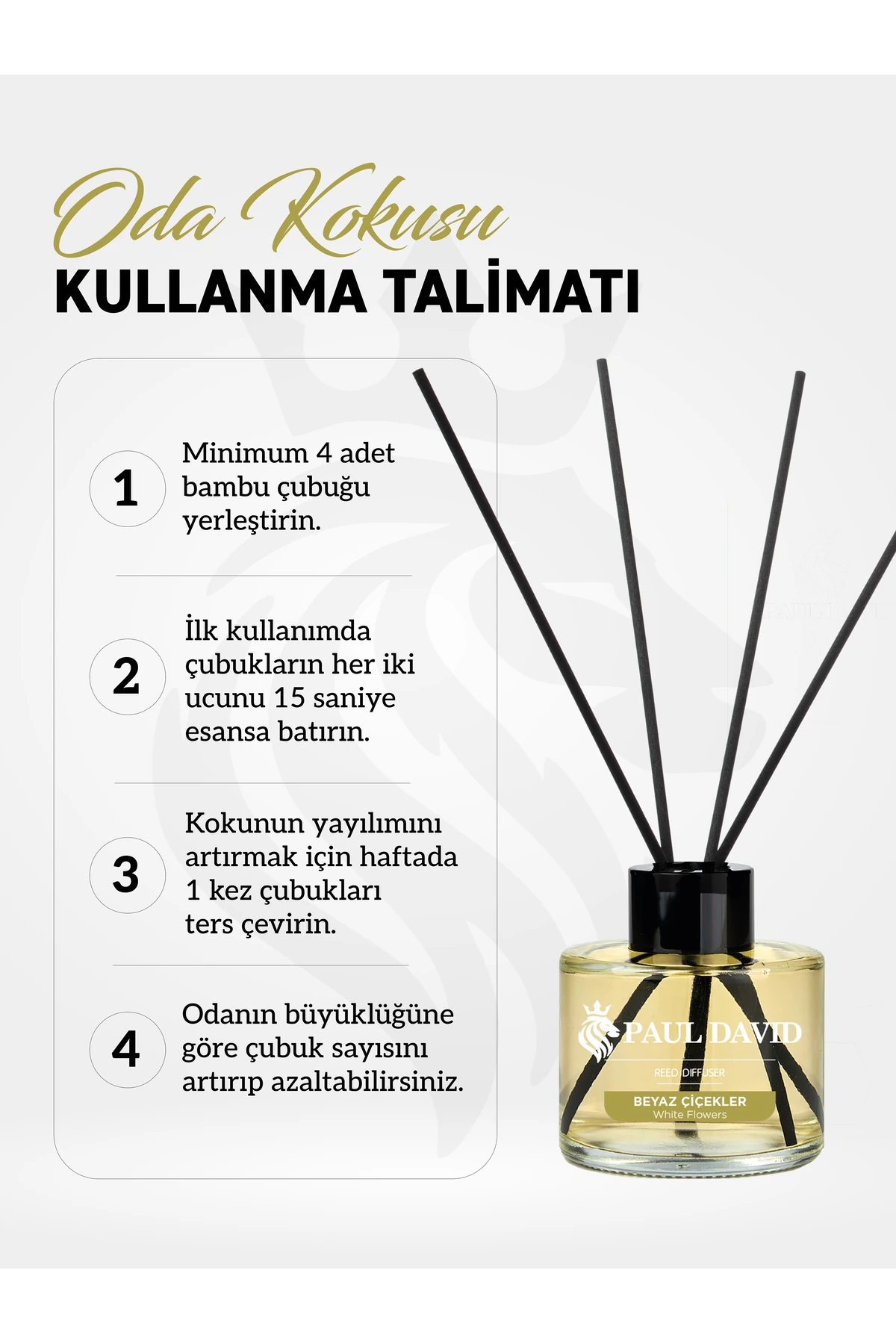 Beyaz Çiçekler Yüksek Koku Yayılımlı Dekoratif Bambu Çubuklu Oda Kokusu 145 ml