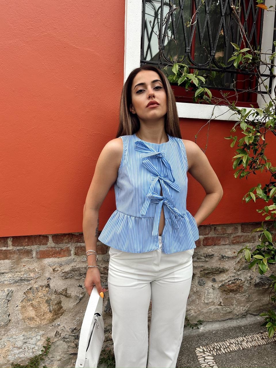 Sıfır Kol Önü Bağcıklı Çizgili Gömlek - Mavi