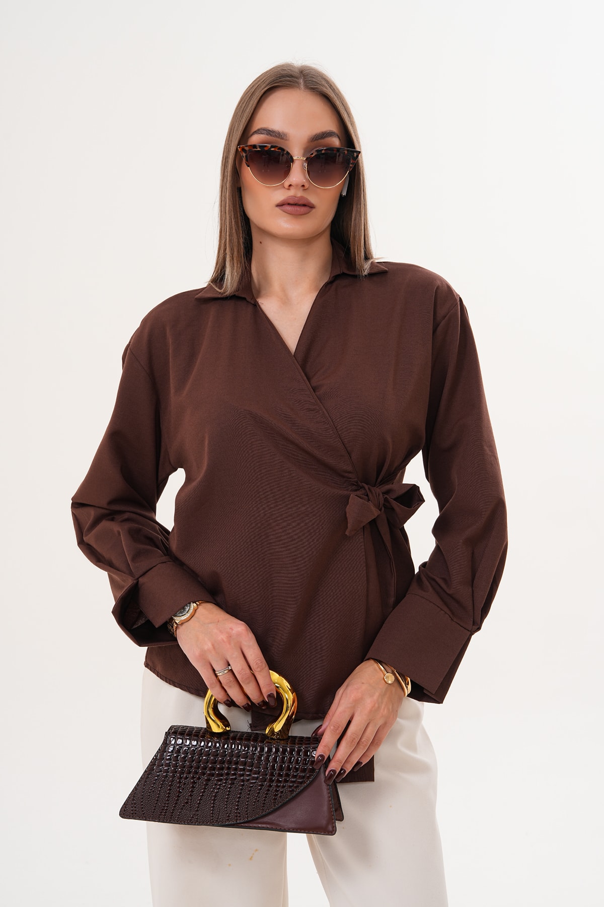 Önü Bağlamalı Düz Kimono Gömlek - Kahverengi