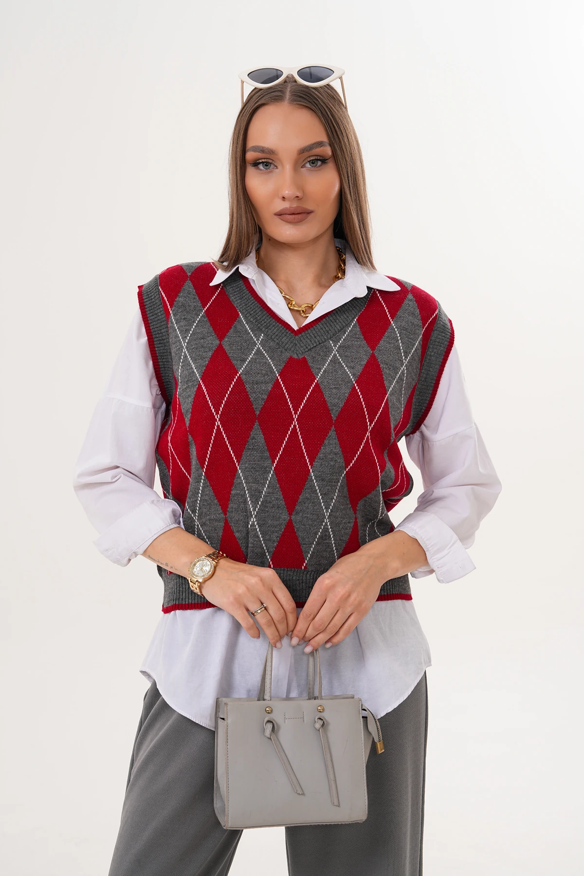 V Yaka Baklava Desenli Triko Süveter - Gri