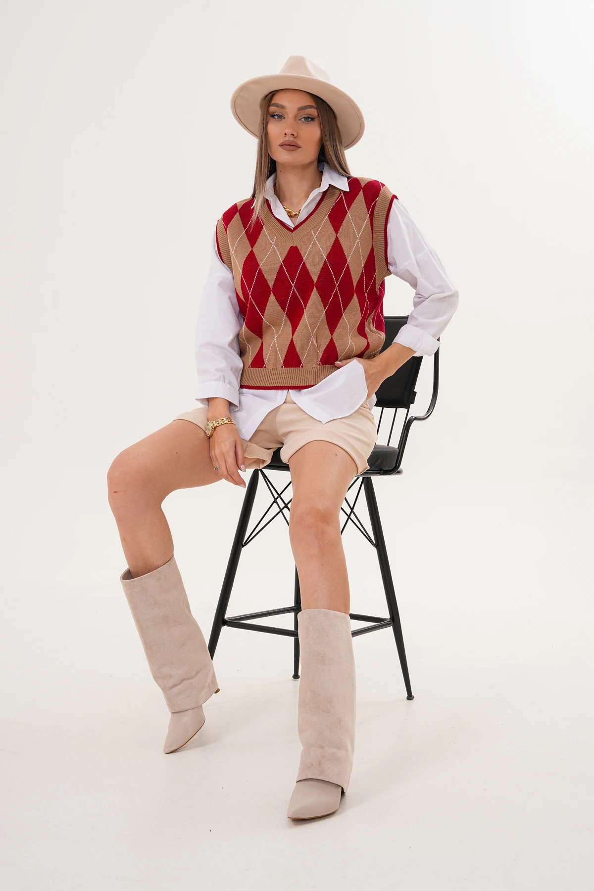 V Yaka Baklava Desenli Triko Süveter - Kahverengi