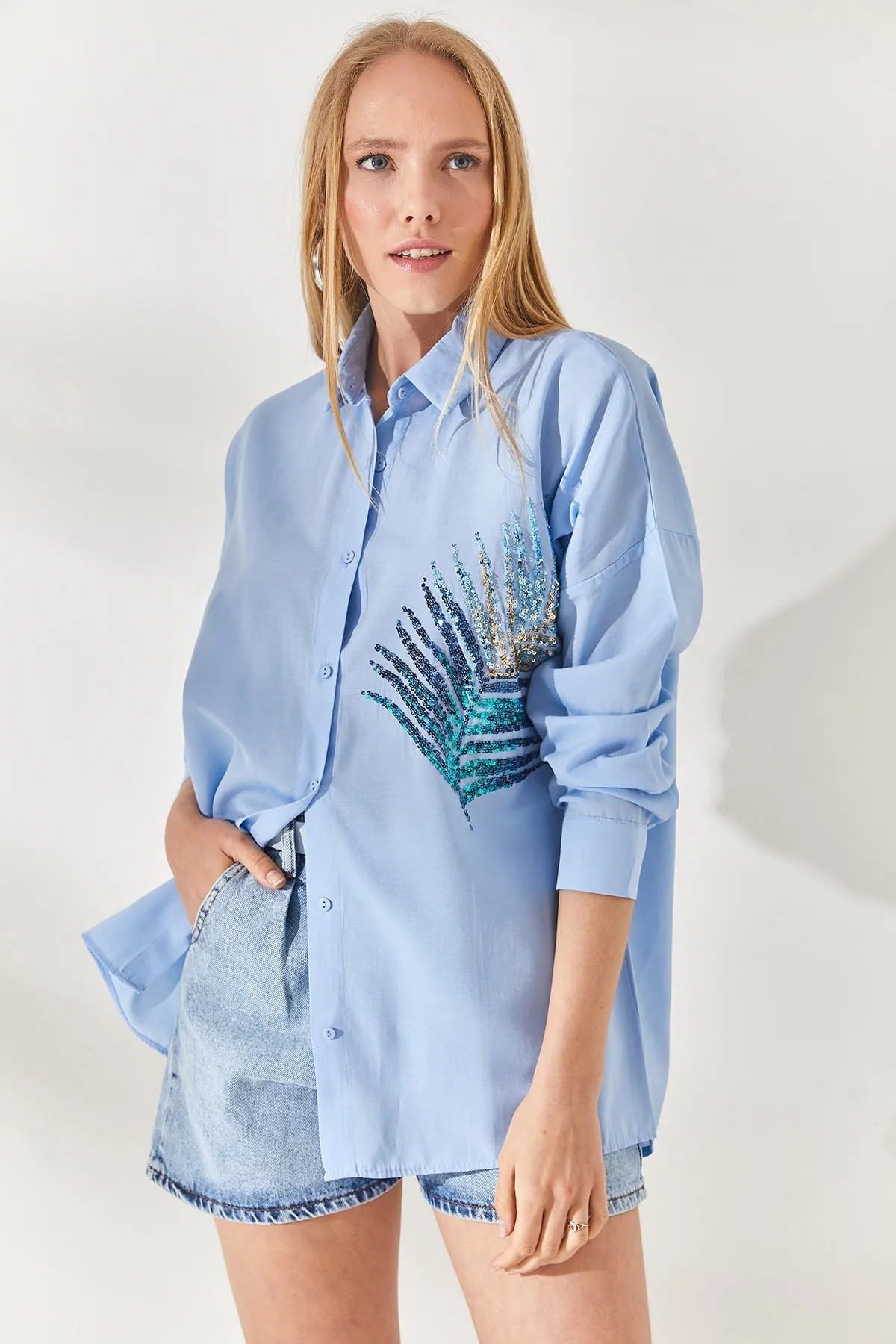 Palmiye Pul Detaylı Oversize Dokuma Poplin Gömlek - Toptan