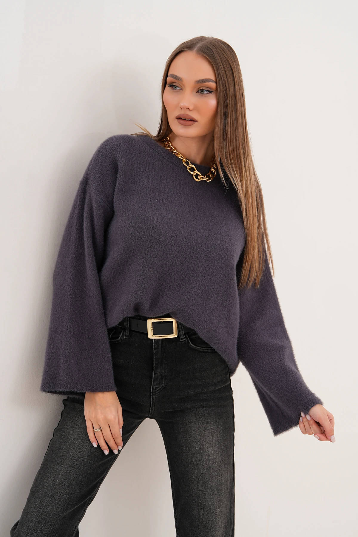 Bisiklet Yaka Sakallı Düz Triko Kazak