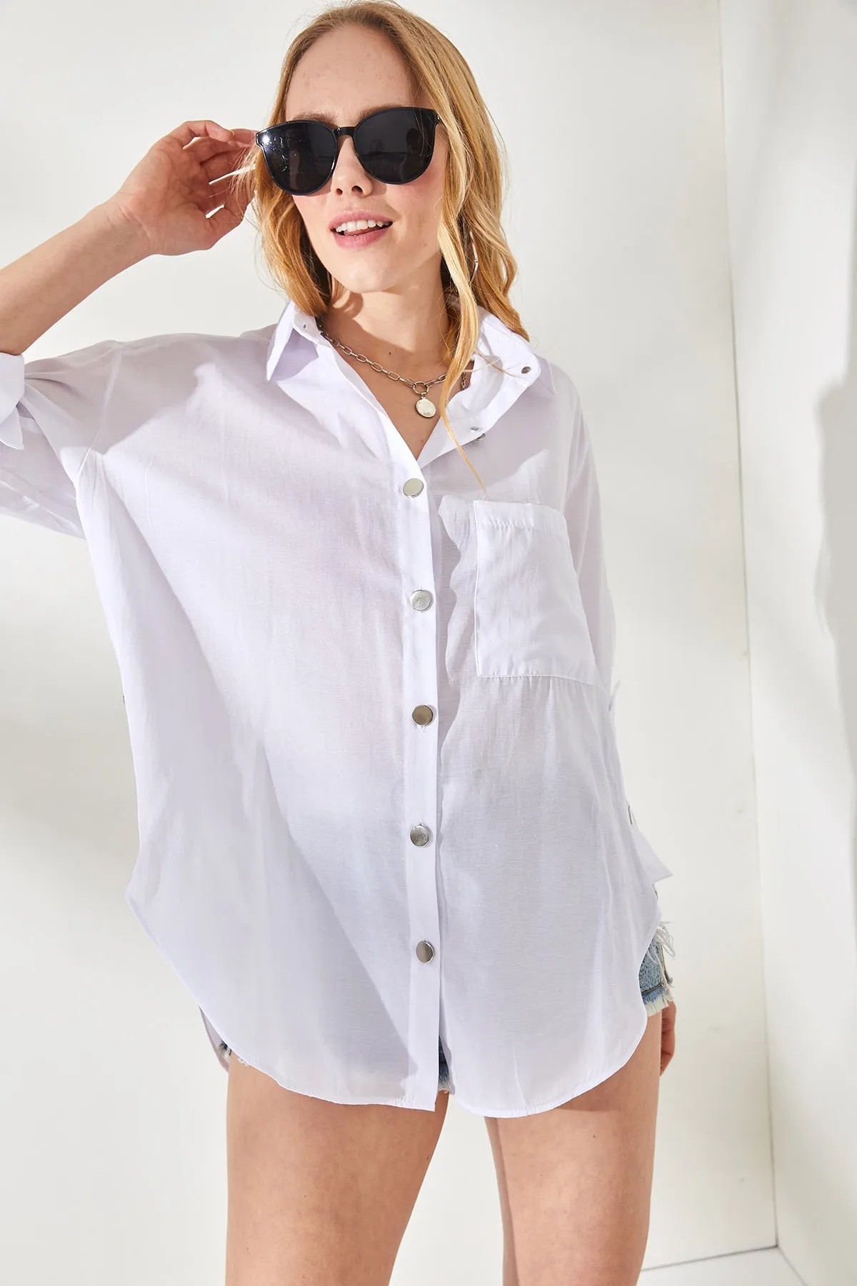 Yanları Düğme Detaylı Oversize Dokuma Gömlek - Toptan