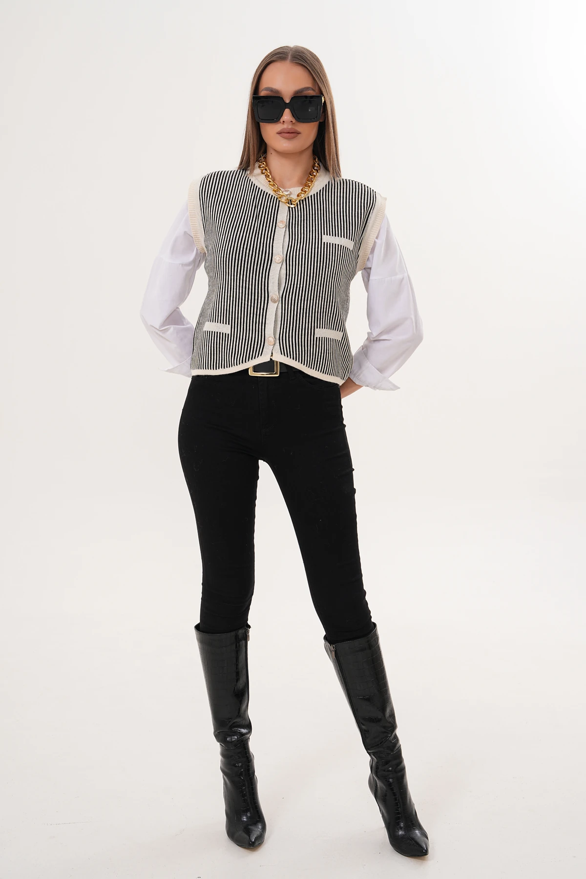 Bisiklet Yaka Düğmeli Çizgili Triko Süveter