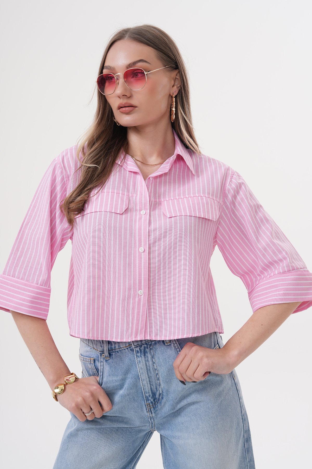 Çizgili Çift Cep Kapaklı Crop Gömlek - Toptan - Pembe