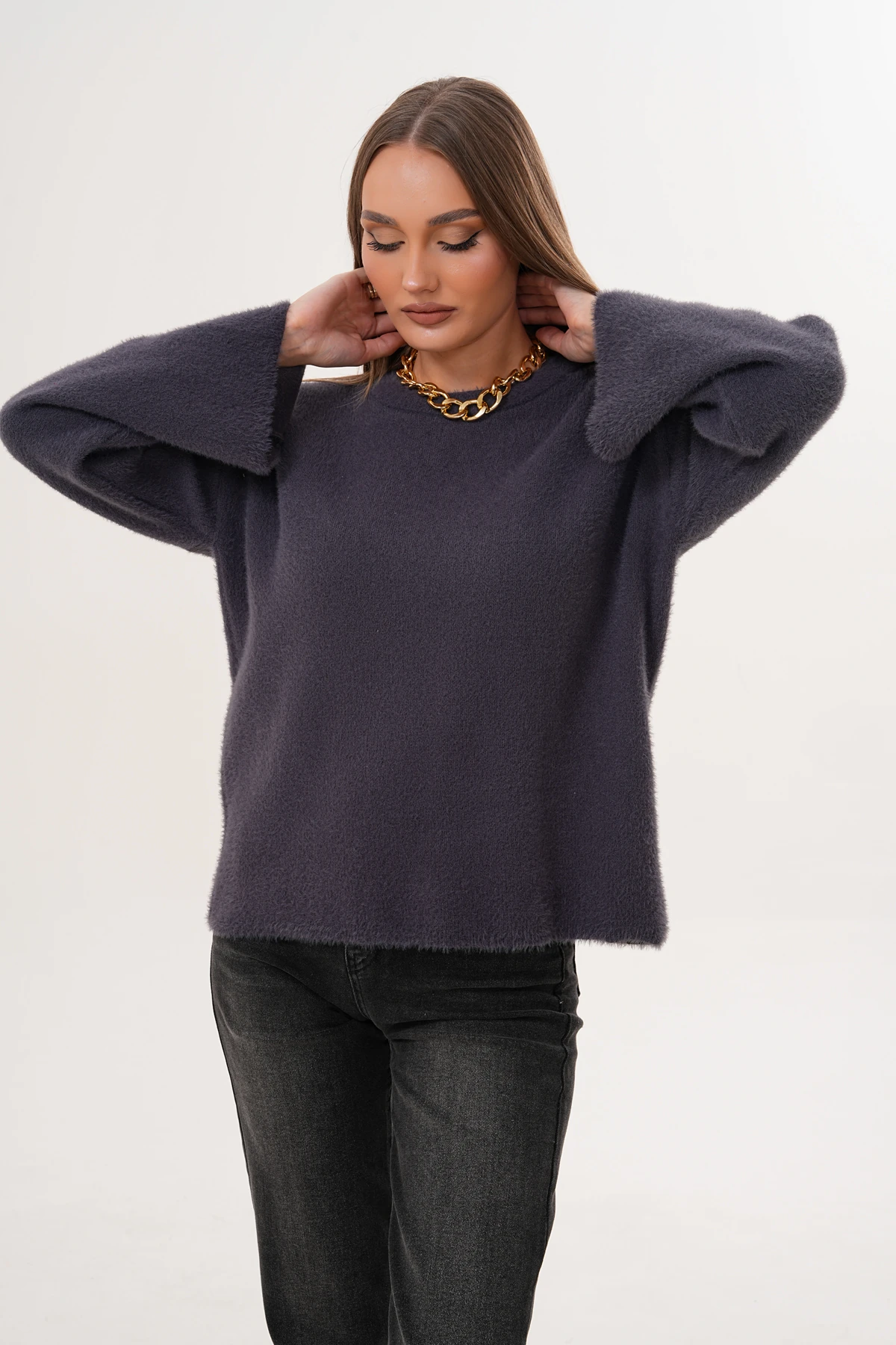 Bisiklet Yaka Sakallı Düz Triko Kazak