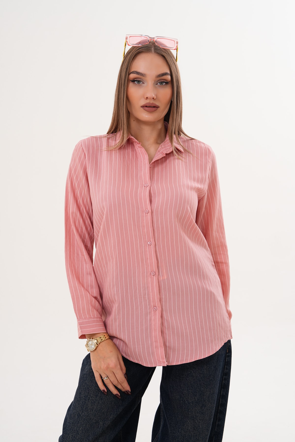 Çizgili Basic Gömlek - Pembe