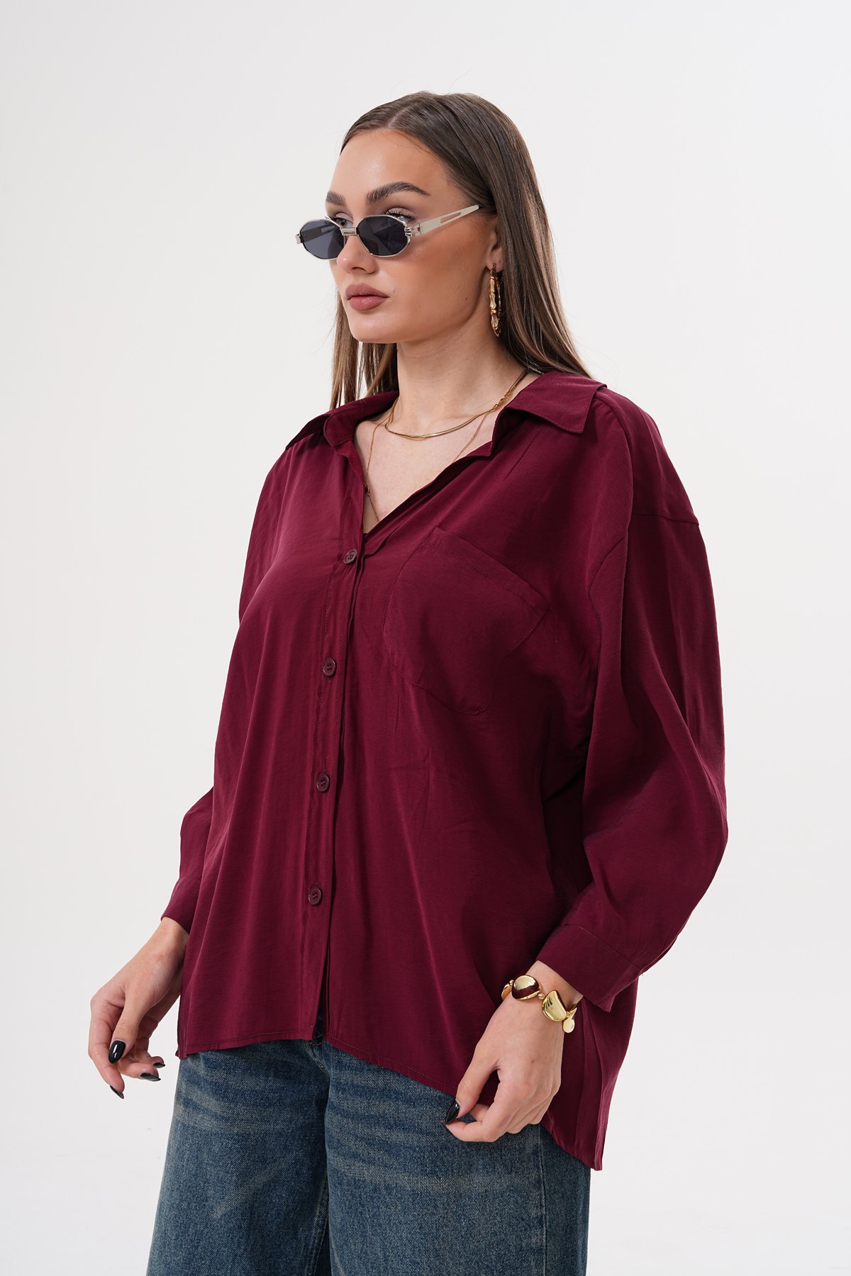 Tek Cep Modal Oversize Gömlek - Bordo