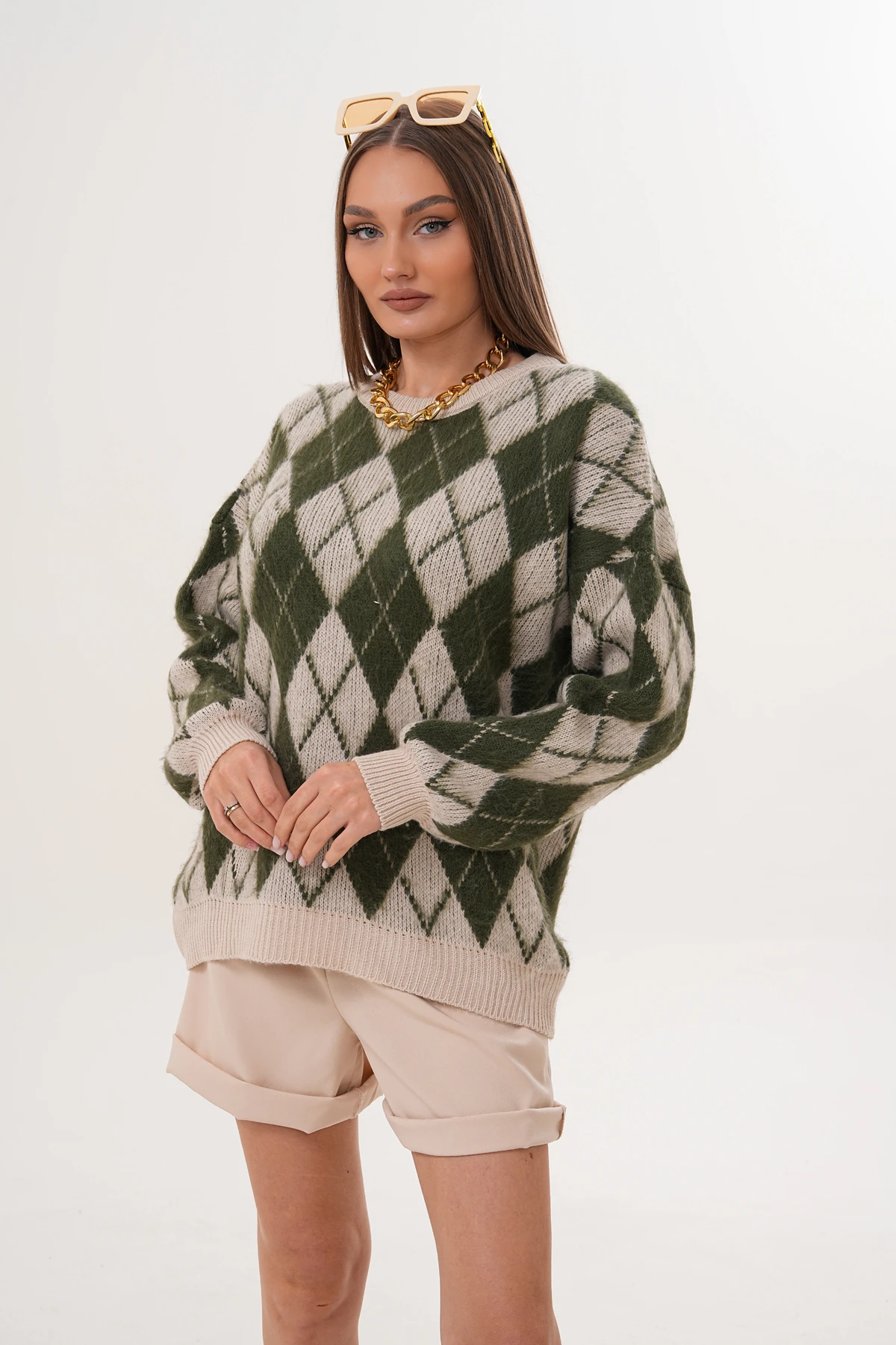 Bisiklet Yaka Baklava Desenli Triko Kazak