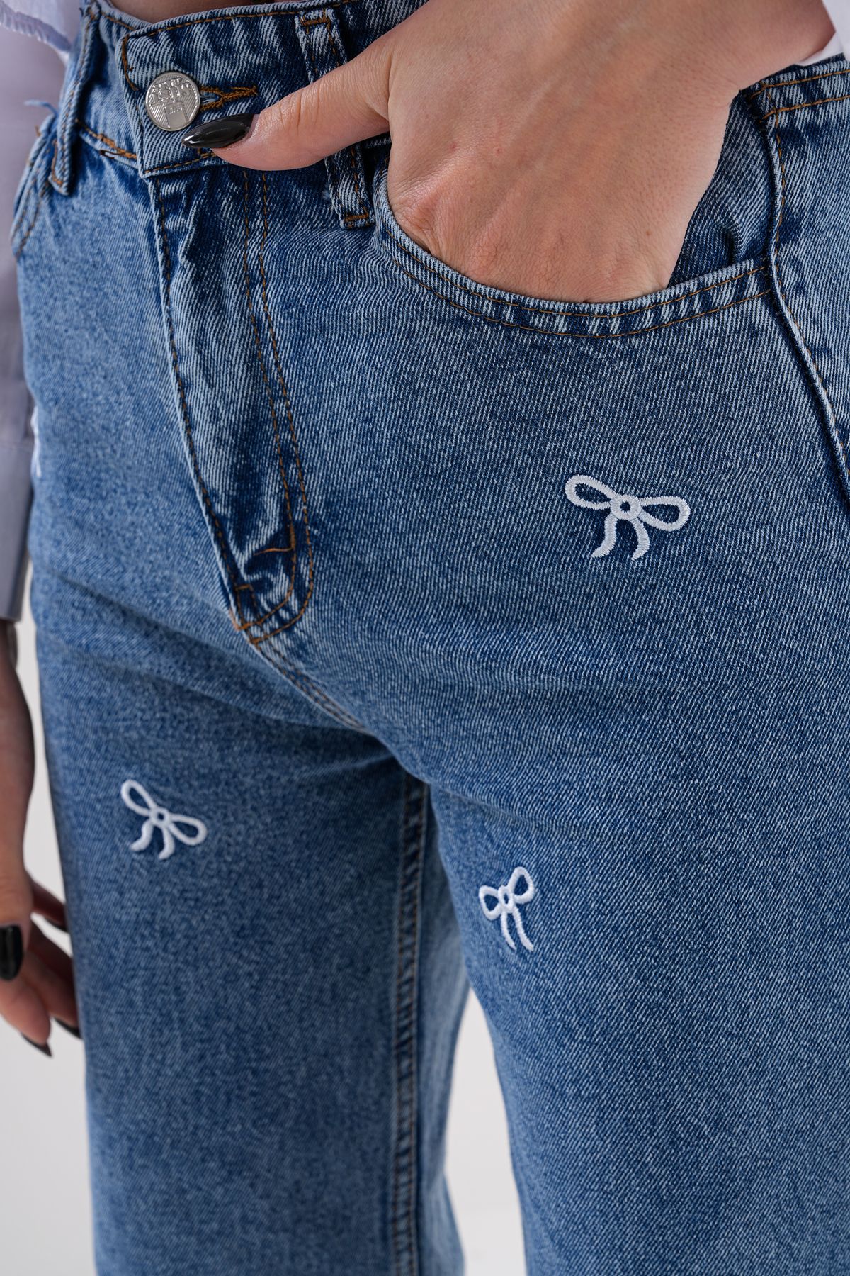 Fiyonk Nakışlı Palazzo Kot Pantolon