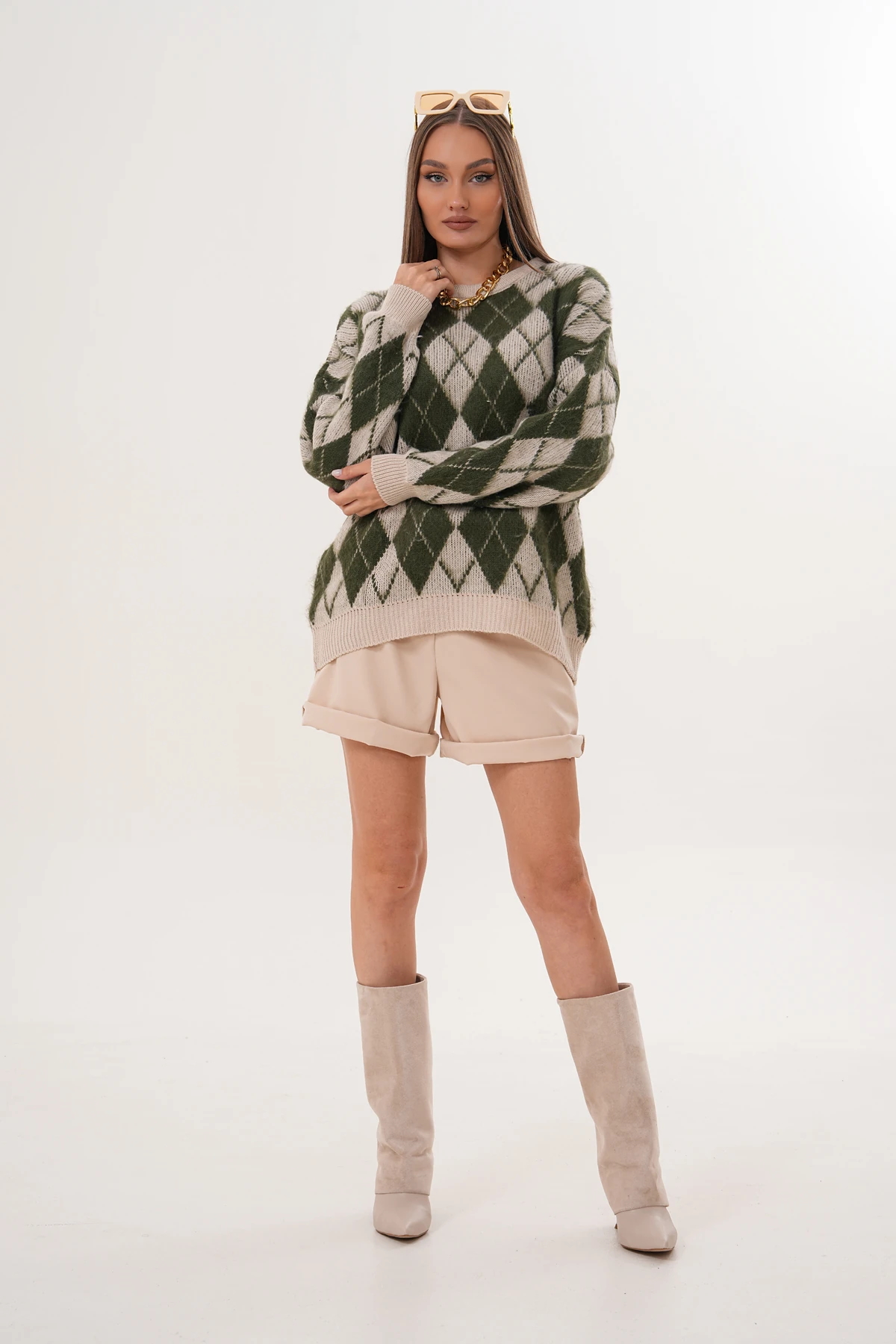 Bisiklet Yaka Baklava Desenli Triko Kazak - Yeşil