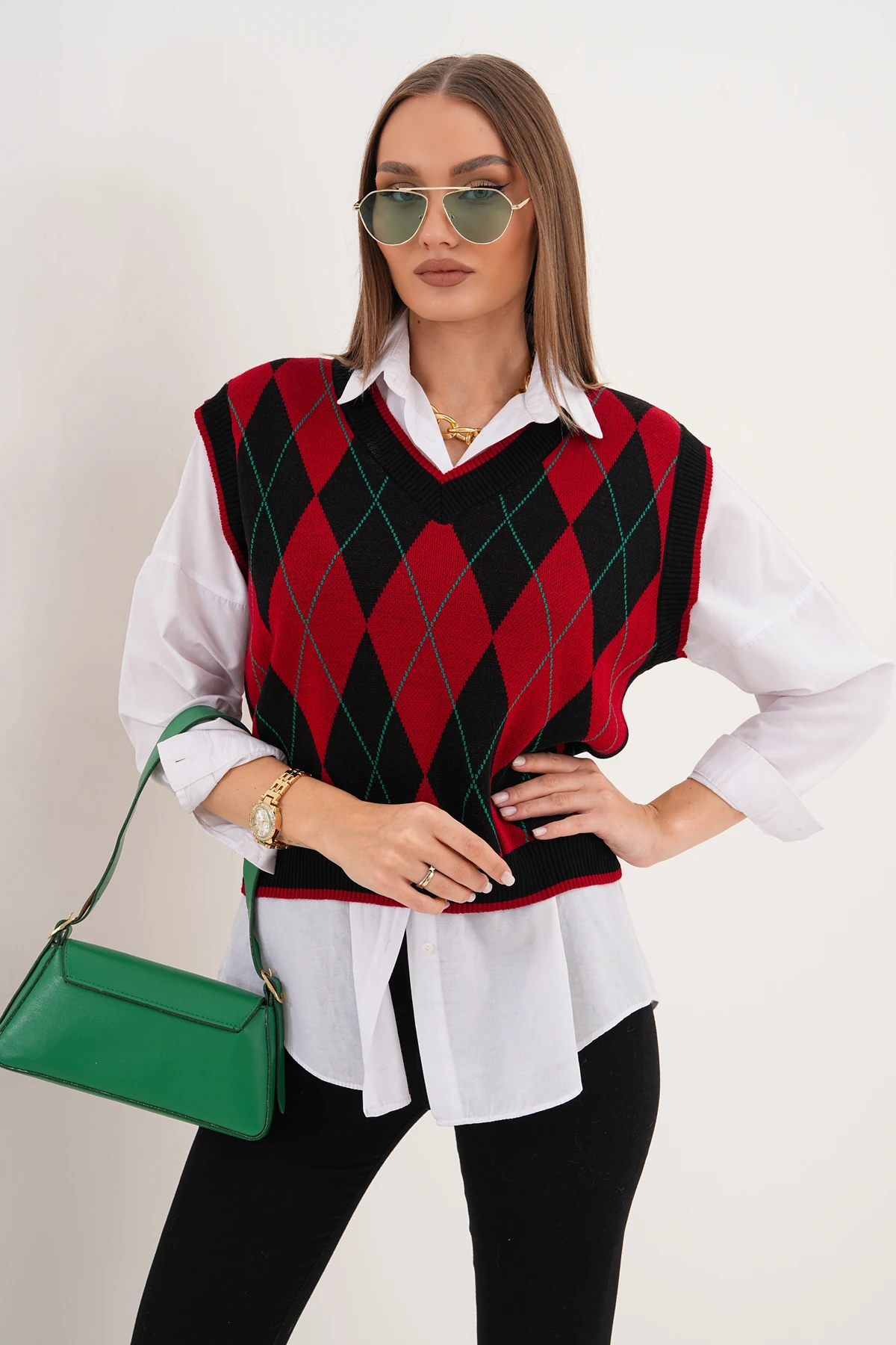 V Yaka Baklava Desenli Triko Süveter