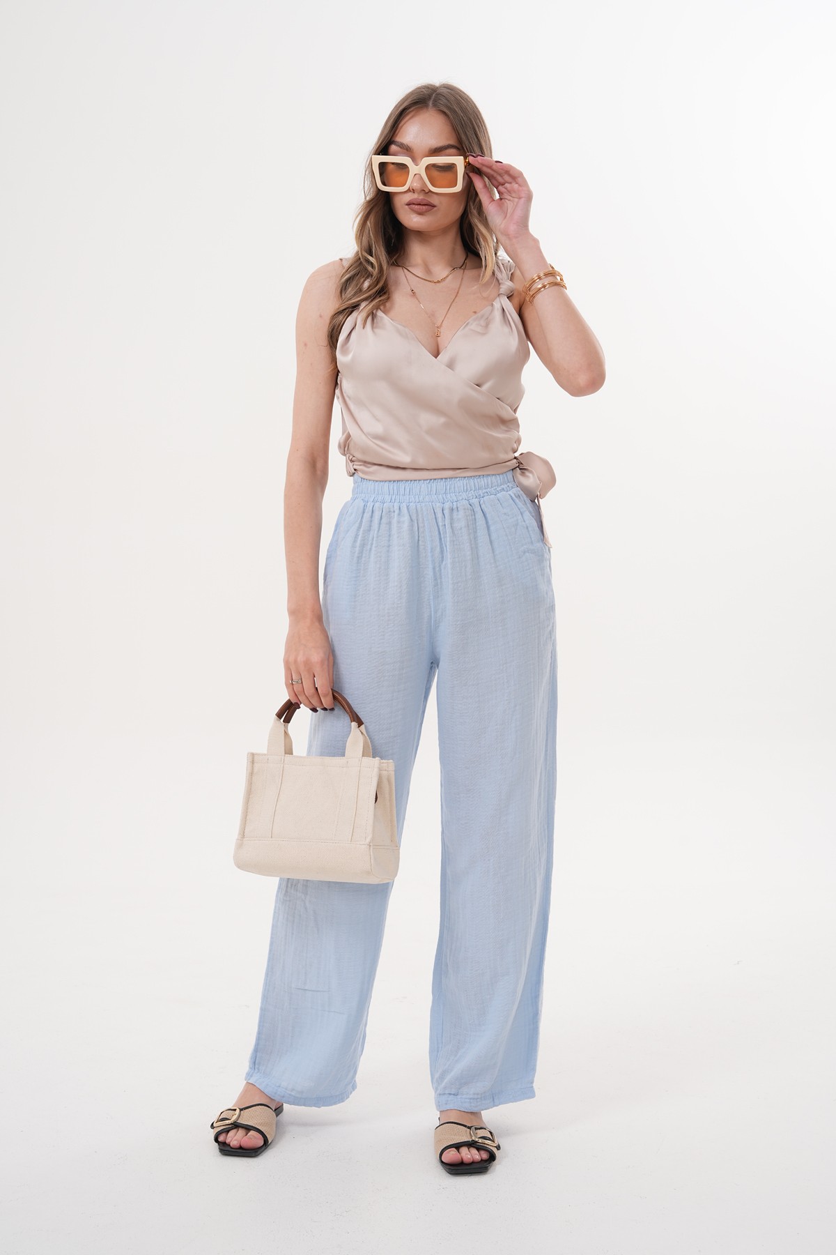 Beli Lastikli Cepli Müslin Pantolon - Bebe Mavi