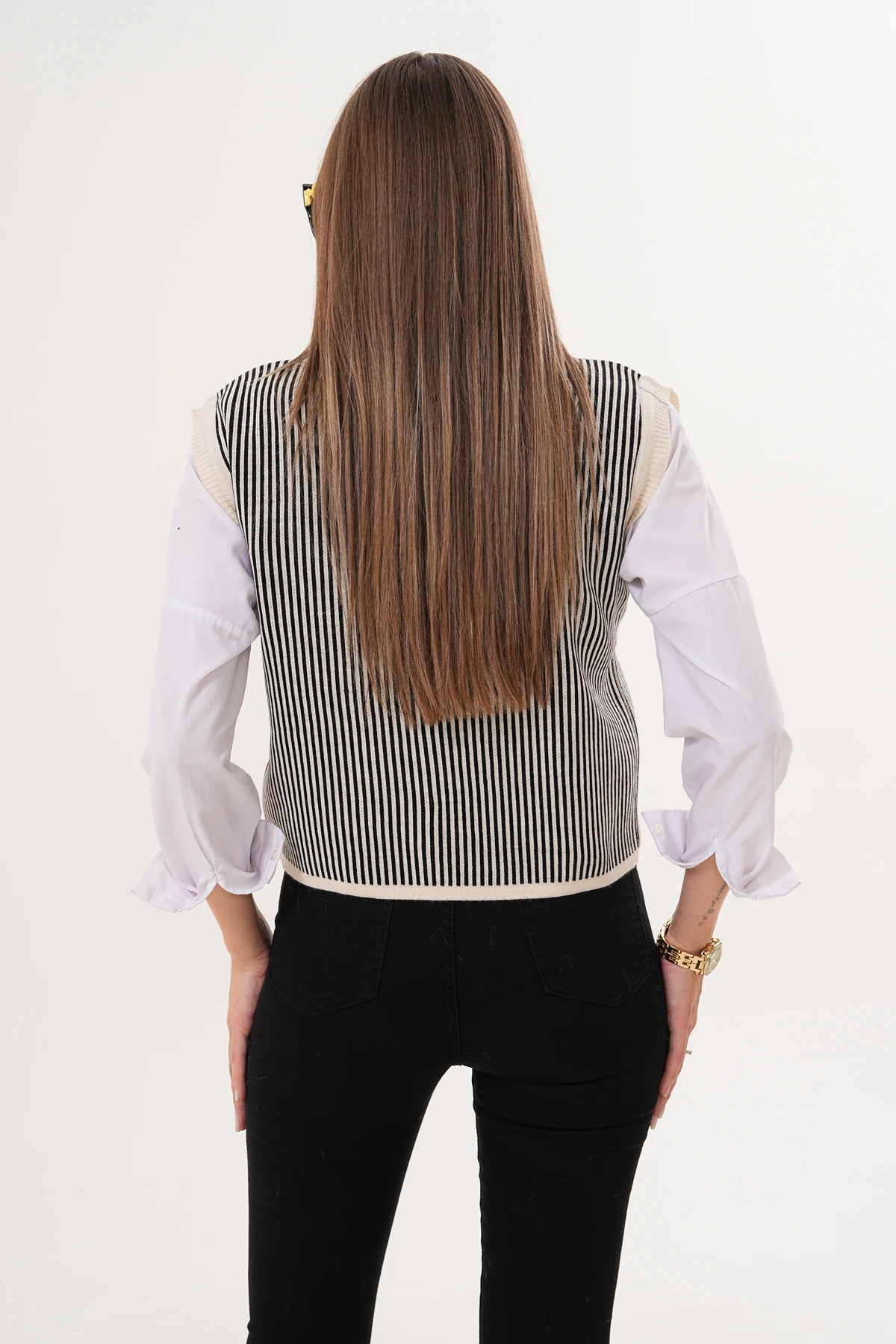 Bisiklet Yaka Düğmeli Çizgili Triko Süveter