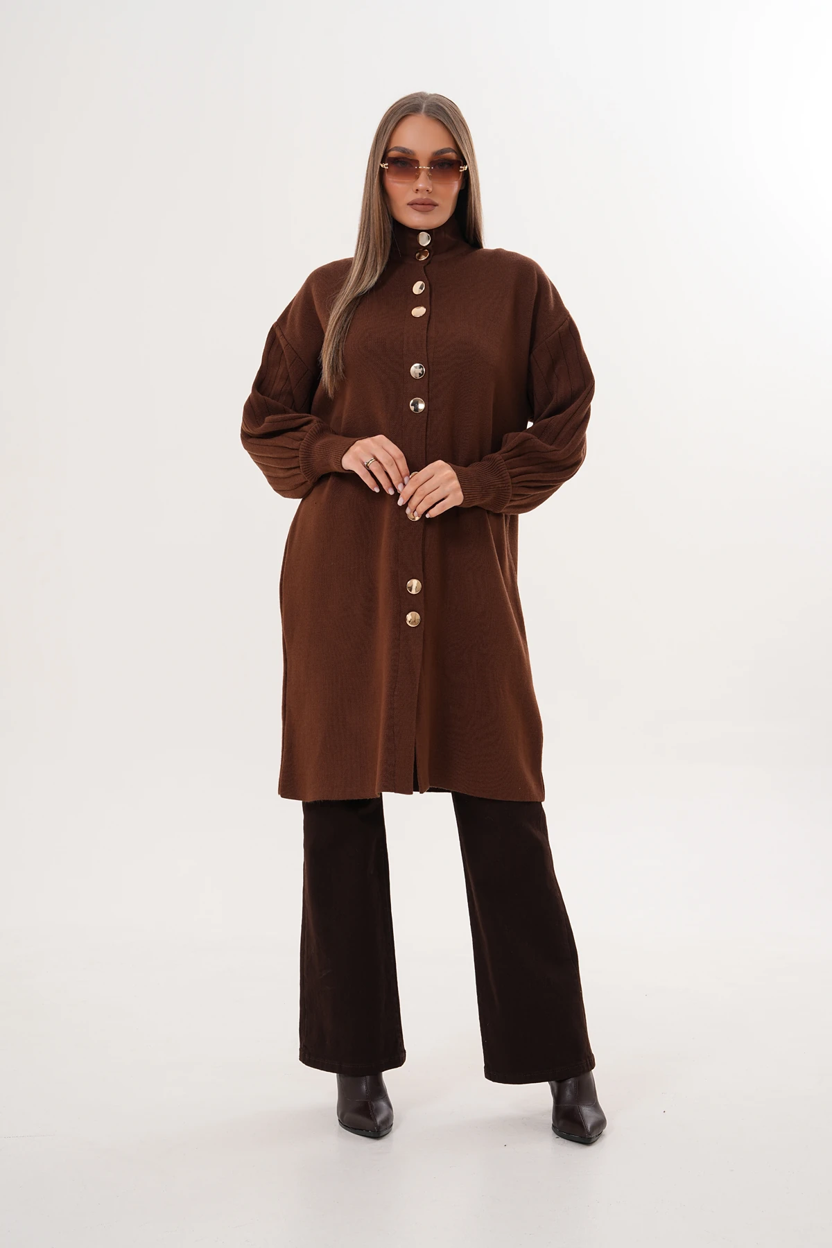 Önü Düğmeli Uzun Triko Hırka - Kahverengi